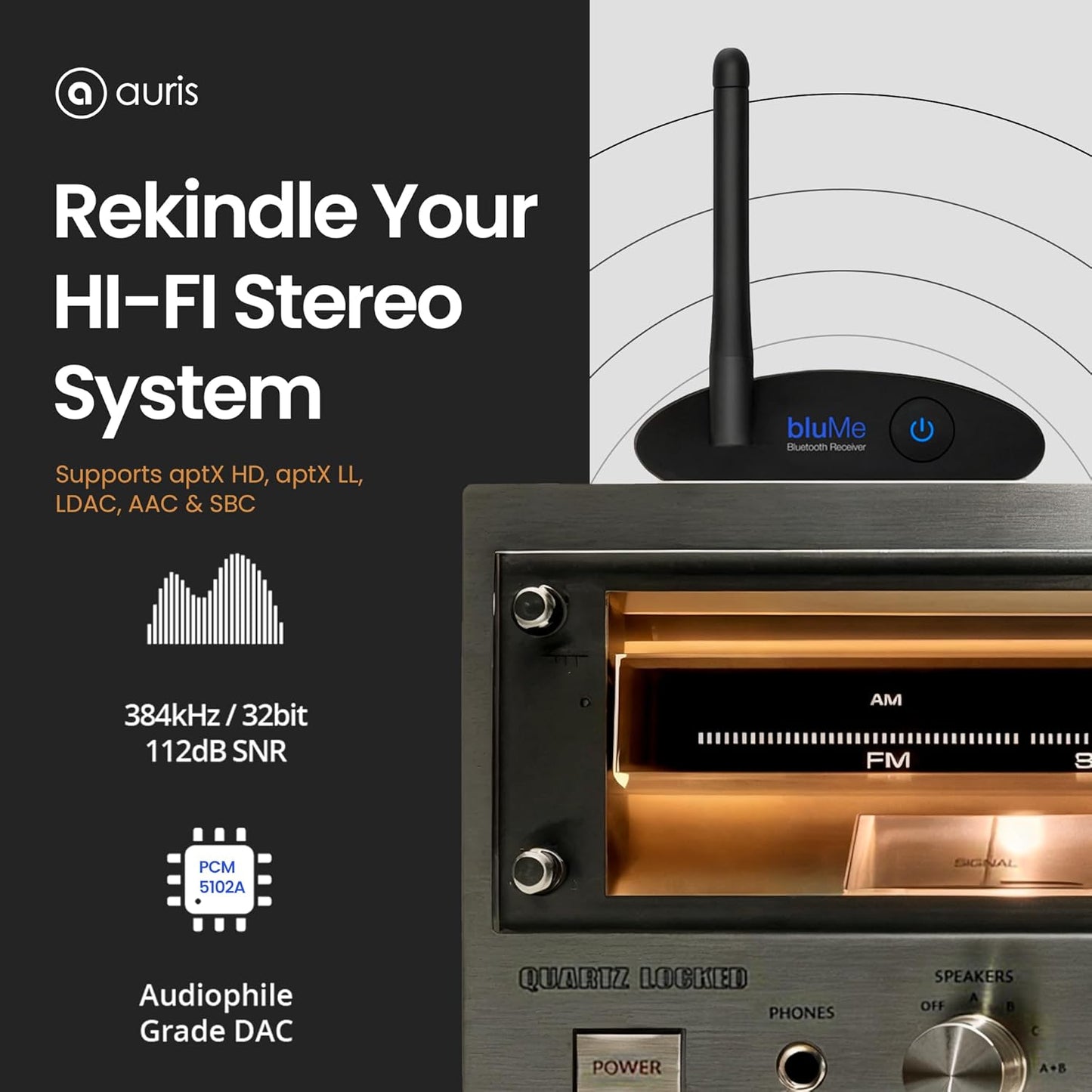 Auris Blume HD Long Range Bluetooth 5.3 Music Receiver Hi-Fi Audio Adapter with Audiophile DAC, LDAC & AptX HD for Home Stereo, AV Receiver or Amplifier