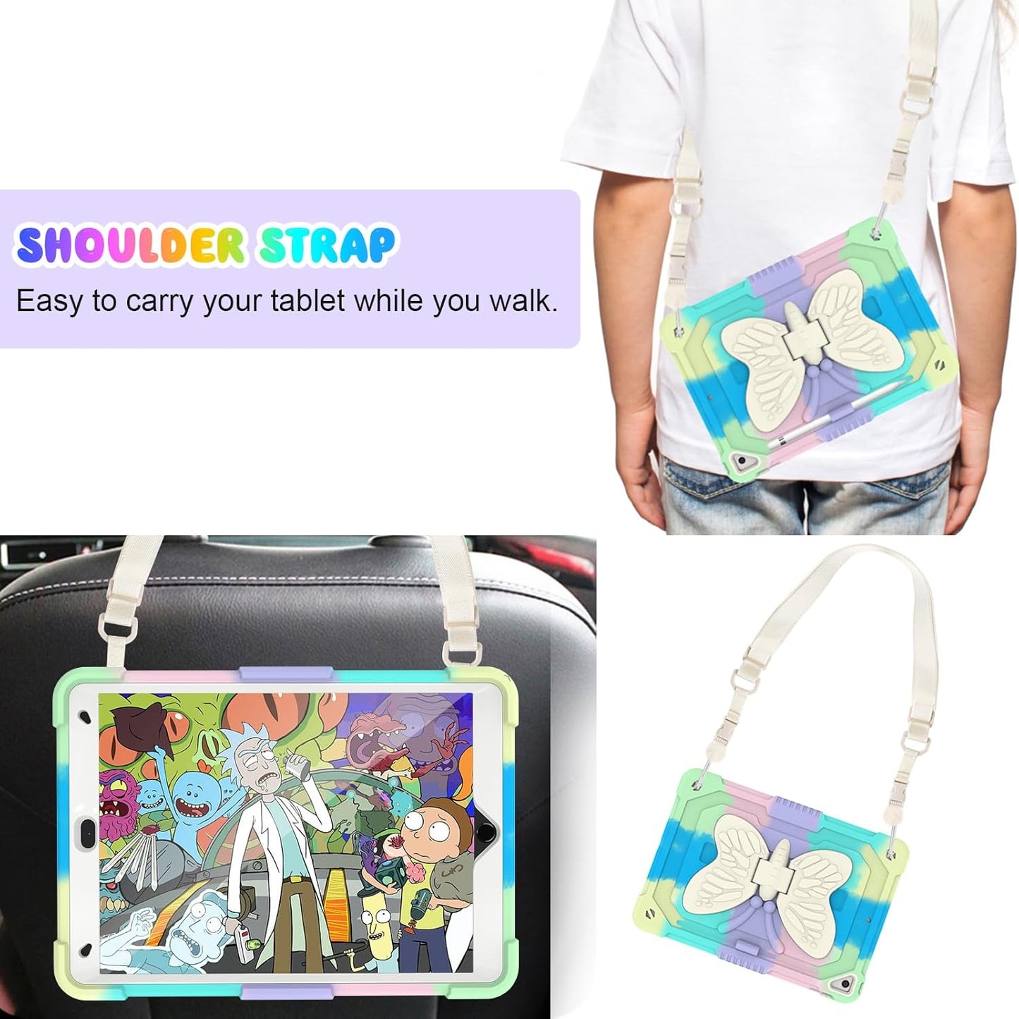 BLOSOMEET Kids Case for iPad 10.2 inch 2021 with Tempered Glass Screen Protector,iPad 9th/8th/7th Generation Case with Stand Pencil Holder & Shoulder Strap,Colorful Green