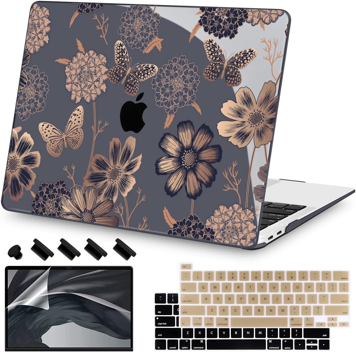 Teryeefi for M1 M2 MacBook Pro 13 inch Case 2022 2020-2016 Release (Model A2338 A2289 A2251 with Touch Bar), Plastic Hard Shell Case & Keyboard Cover & Screen Protector, Gold Flowers