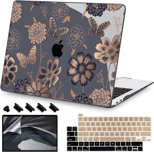 Teryeefi for M1 M2 MacBook Pro 13 inch Case 2022 2020-2016 Release (Model A2338 A2289 A2251 with Touch Bar), Plastic Hard Shell Case & Keyboard Cover & Screen Protector, Gold Flowers