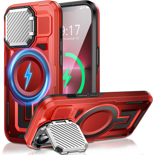 Camera Stand Case for iPhone 13 Pro, [Compatible with MagSafe] [Lens Cover] 2024 Version Military Grade Protective Soft Case for iPhone 13 Pro 6.1 inch Men Women, Red