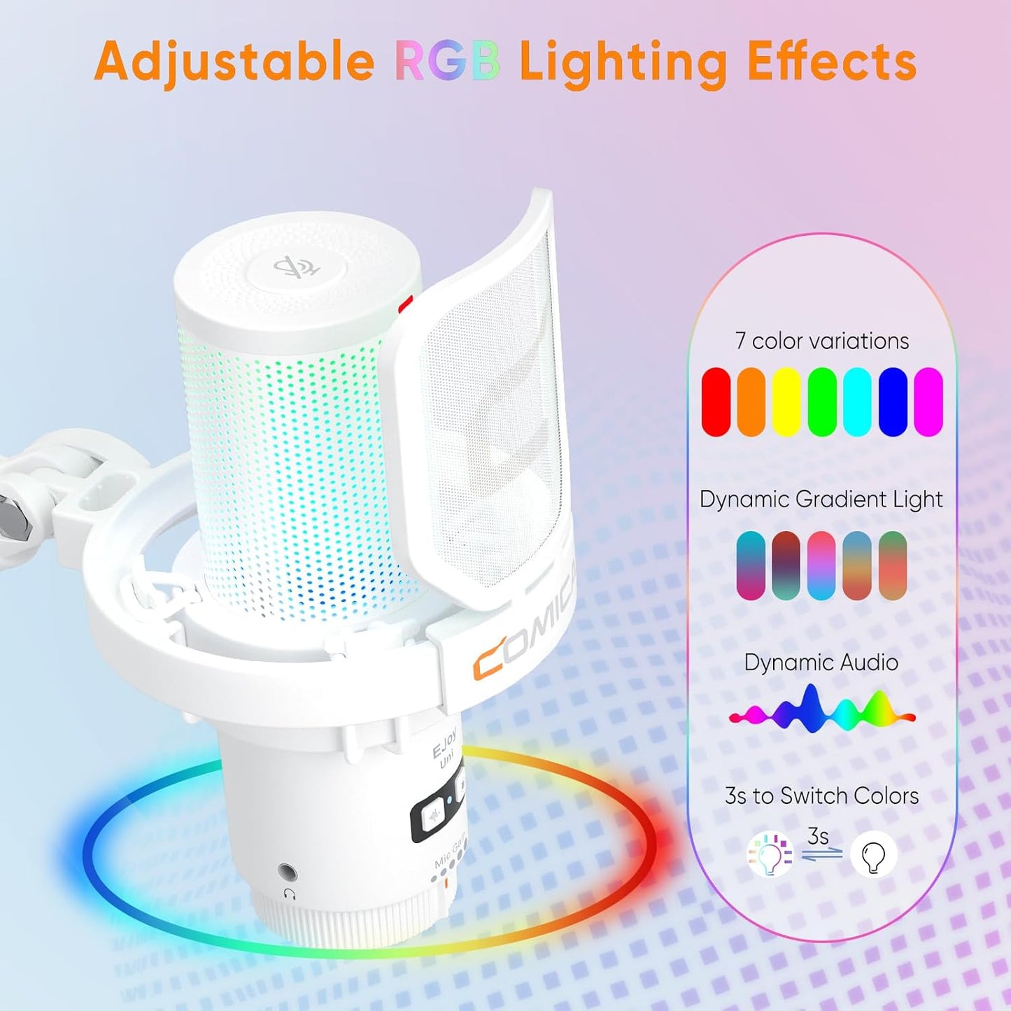 COMICA EJoy Uni USB Microphone for PC Gaming, Streaming, Podcast, YouTube, with Noise Cancellation, Mute, Gain, Monitoring - Condenser Mic for PS5, PS4, Mac, Computer (Boom Arm Mic) - White