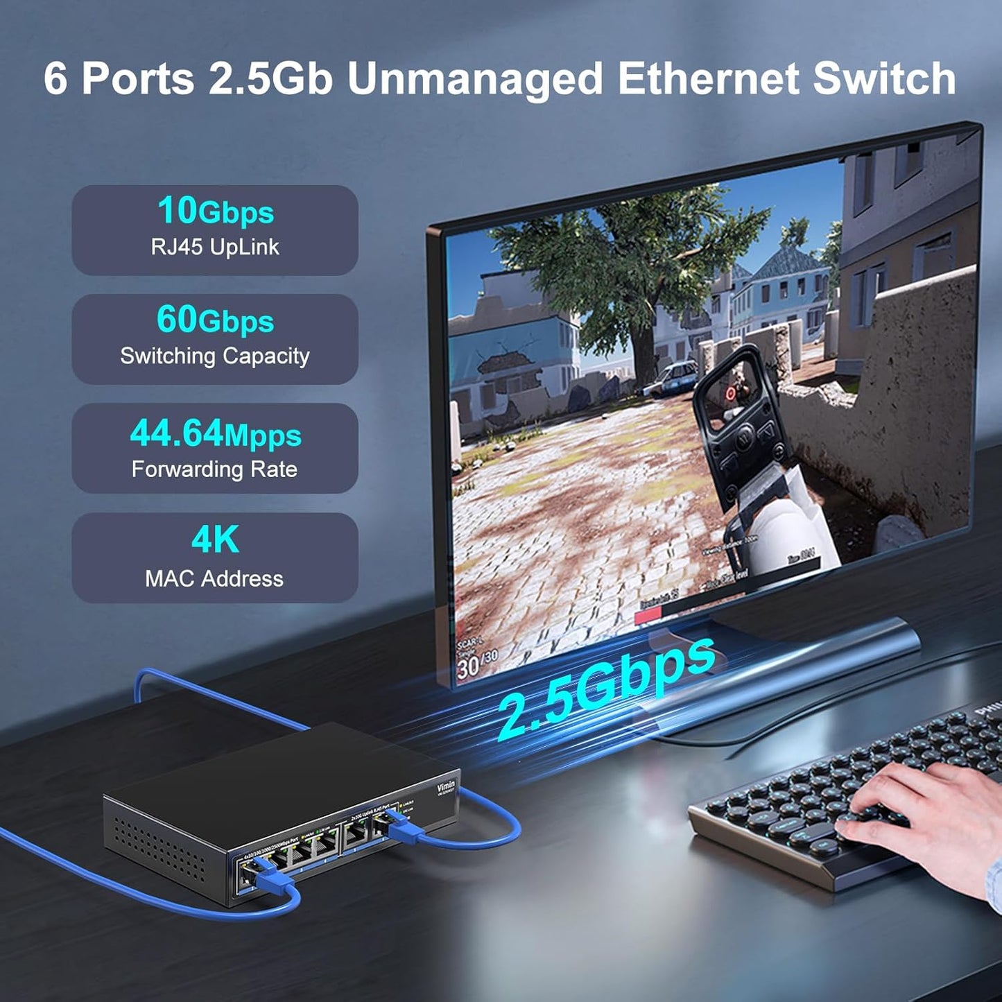 6-Port 10G/2.5G Ethernet Switch with Dual 10GBASE-T, Vimin 4X 2.5G +2 x 10Gb RJ45 Ports Unmanaged Switch, 60Gbps Capacity, 10G Switch Desktop/Wall Mount Network Switch for NAS, PC, Wireless AP