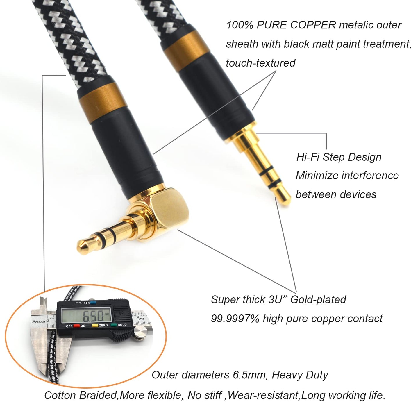 Aux Cord, Audiophile 3.5mm Stereo Audio Cable [0.75m (2.5 Feet), Silvered-Plated Copper core, Right Angle] Unbreakable and Great for Laptop, Tablets,Headphones, Cars and More.