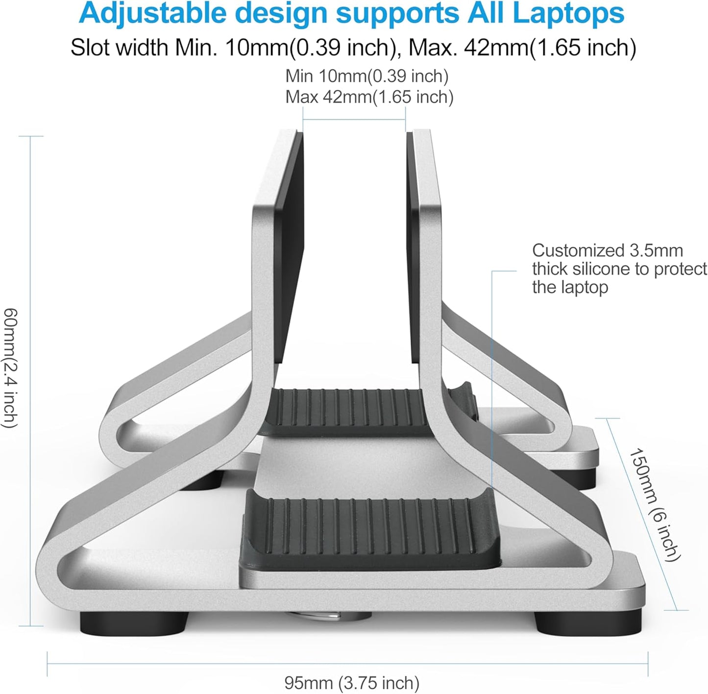 Aluminum Vertical Laptop Stand Dock Holder, Adjustable Slot Width 12-42mm, Space-Saving Upright Storage for MacBook and Laptops