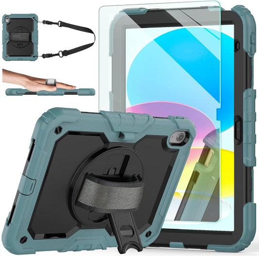 Ambison Case for iPad A16 11th/10th Generation 11"/10.9'' 2025/2022,Heavy Duty Shockproof Case with Tempered Glass Screen Protector, 360° Rotating Handle Strap&Stand,Shoulder Strap-Teal