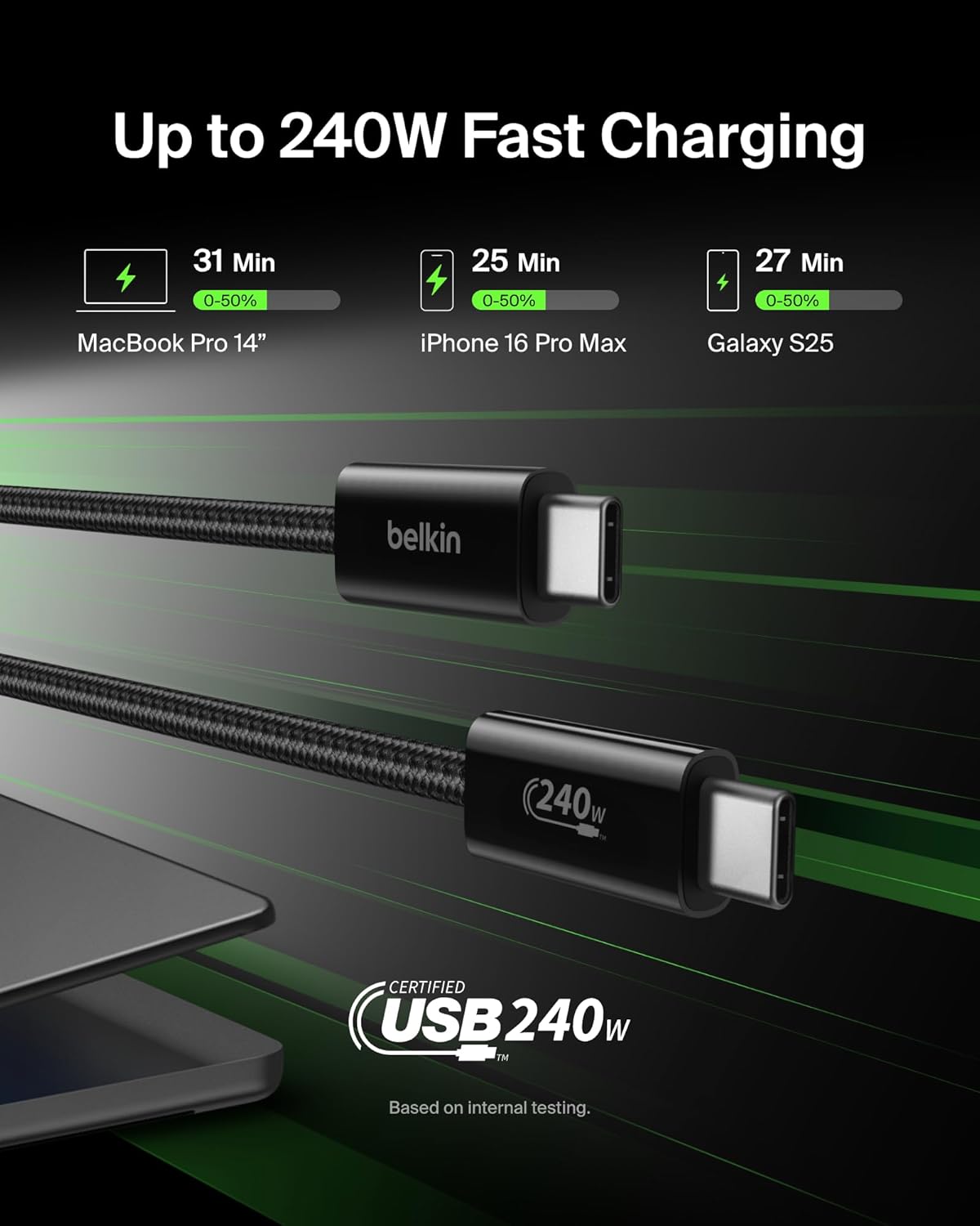 Belkin USB C to USB C Cable, 6.6ft, 240W - Type C Charger, iPhone Charger Cord, Soft, Braided, Flexible for iPhone 17, Galaxy S25, Pixel 10, MacBook, Chromebook, iPad Pro, Switch Steam Deck – Black