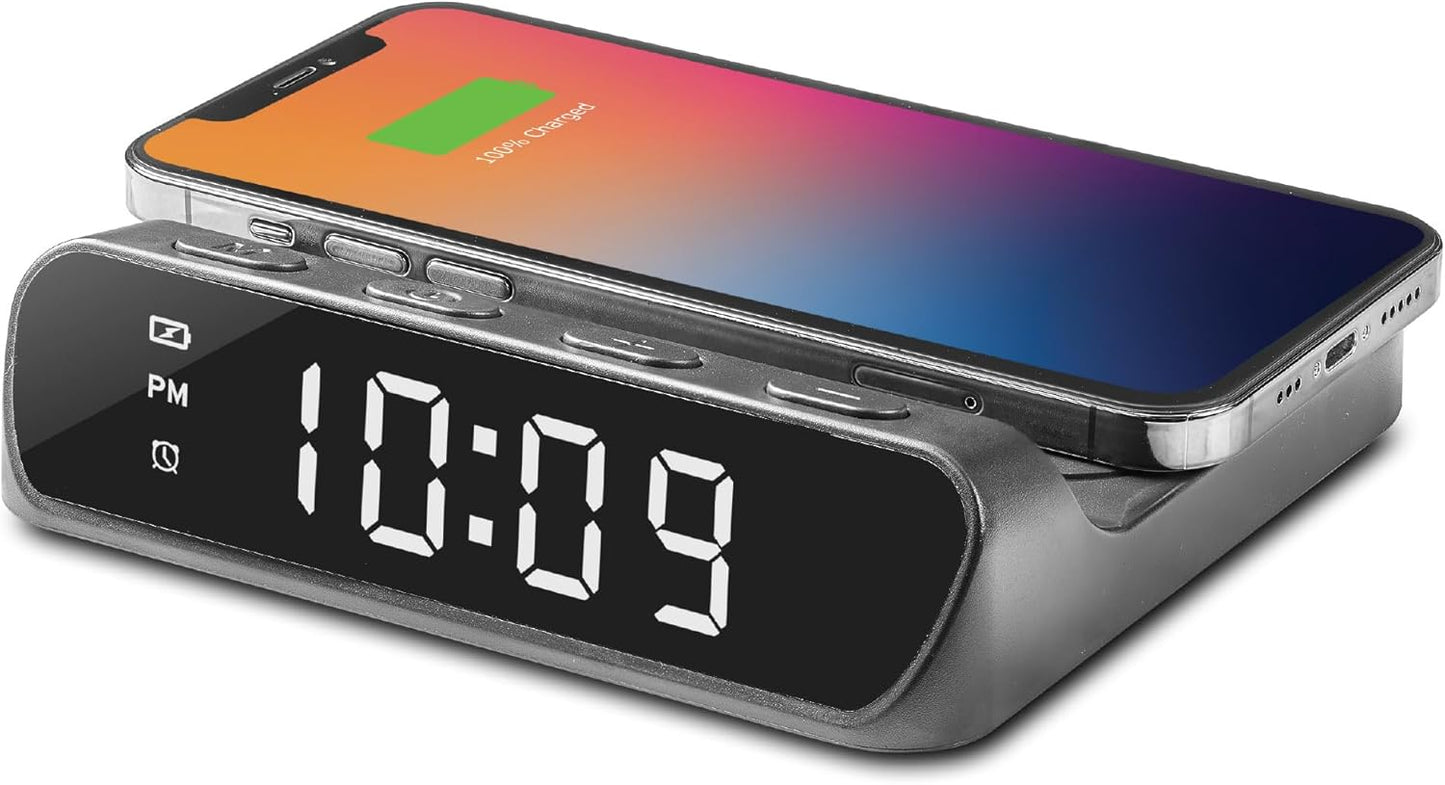 iHome Wireless Charger with Alarm Clock, Compact Digital Alarm Clock for Bedroom, Home Office, or Dorm (iW14)