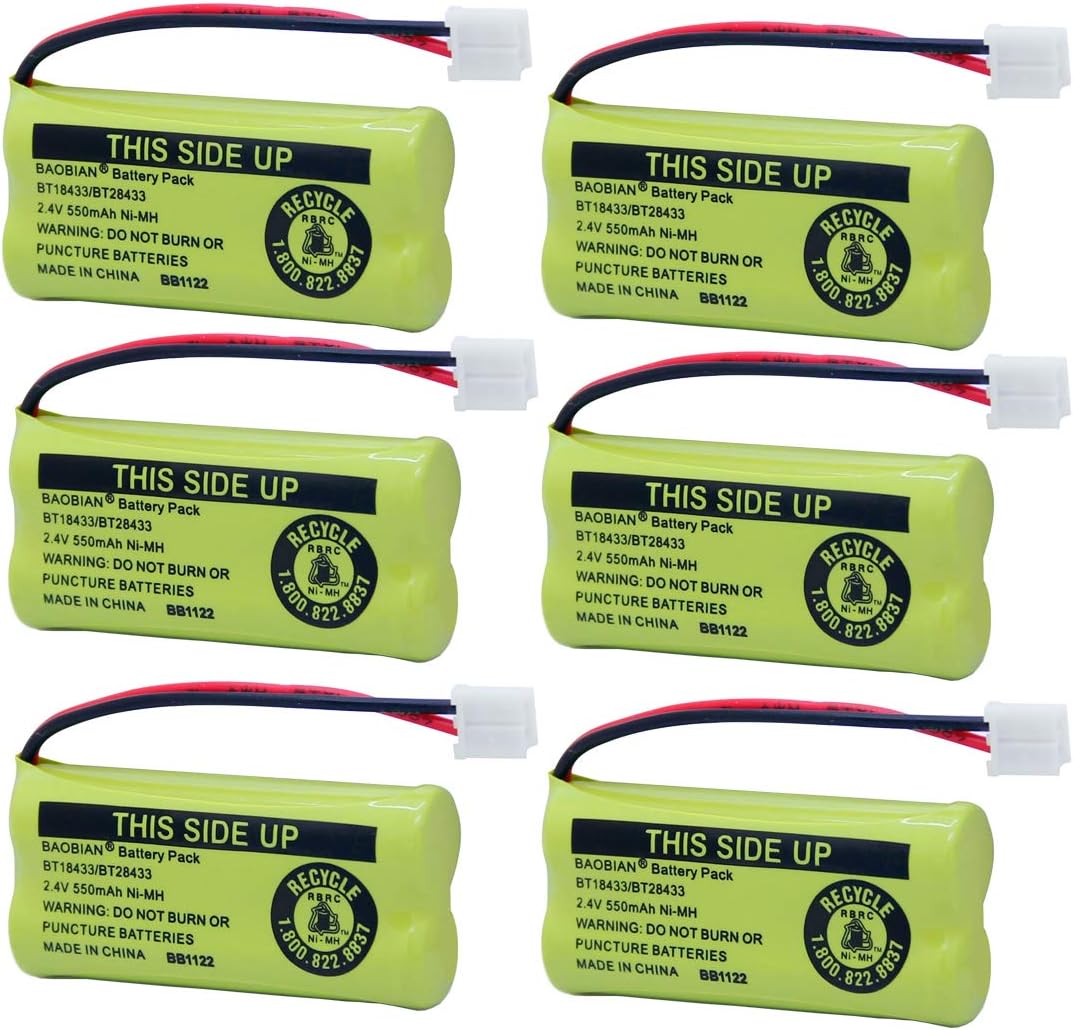 BT18433/BT28433 BT184342/BT284342 BT1011 BT1018 BT1022 BT-6010 BT8000 BT8001 BT8300 CPH-515D CPH515D Cordless Phone Battery DS6301 CL80109 CS6209 TL90078 2.4V 550mAh NiMH Rechargeable (6 Pack)