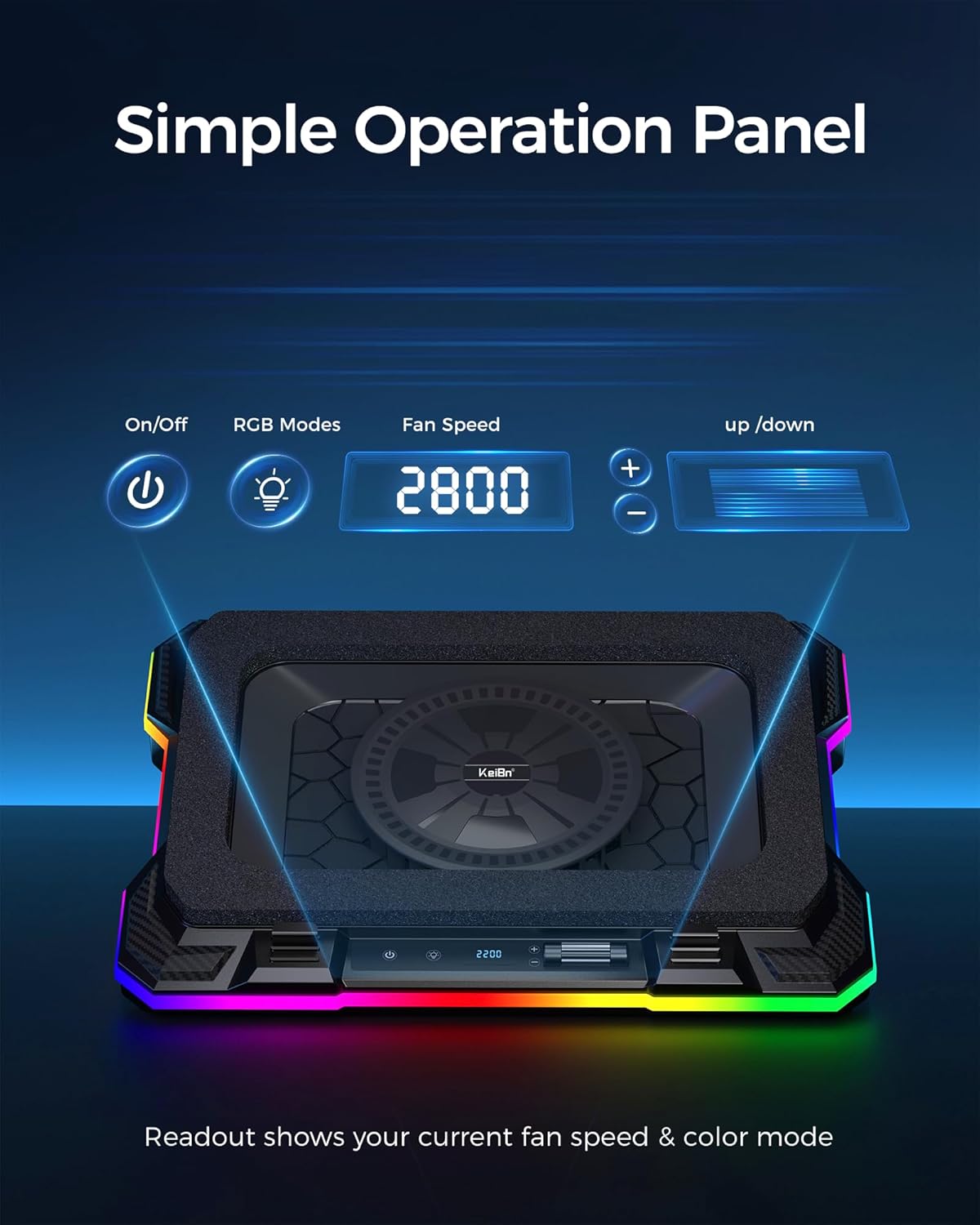 KeiBn Gaming Laptop Cooling Pad, Laptop Cooling Stand with 5.5inch External Cooling Fan, Rapid Cooling Laptop 15.6-19.3inch, Infinitely Variable Speed, 8 Height Stands, 4 USB Ports, Blue