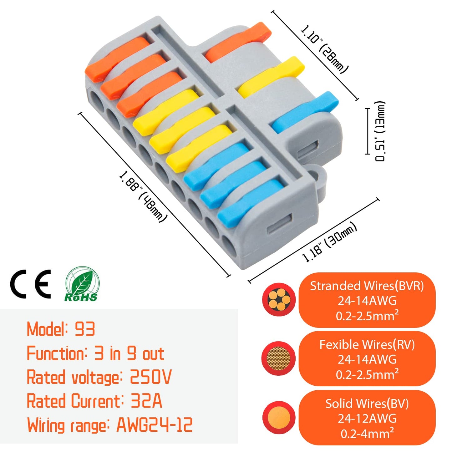 5Pcs Lever Wire Connectors, 3 in 9 Out Quick Wiring Cable Electrical Connector Compact Push-in Conductor Terminal Block for 24-12 AWG
