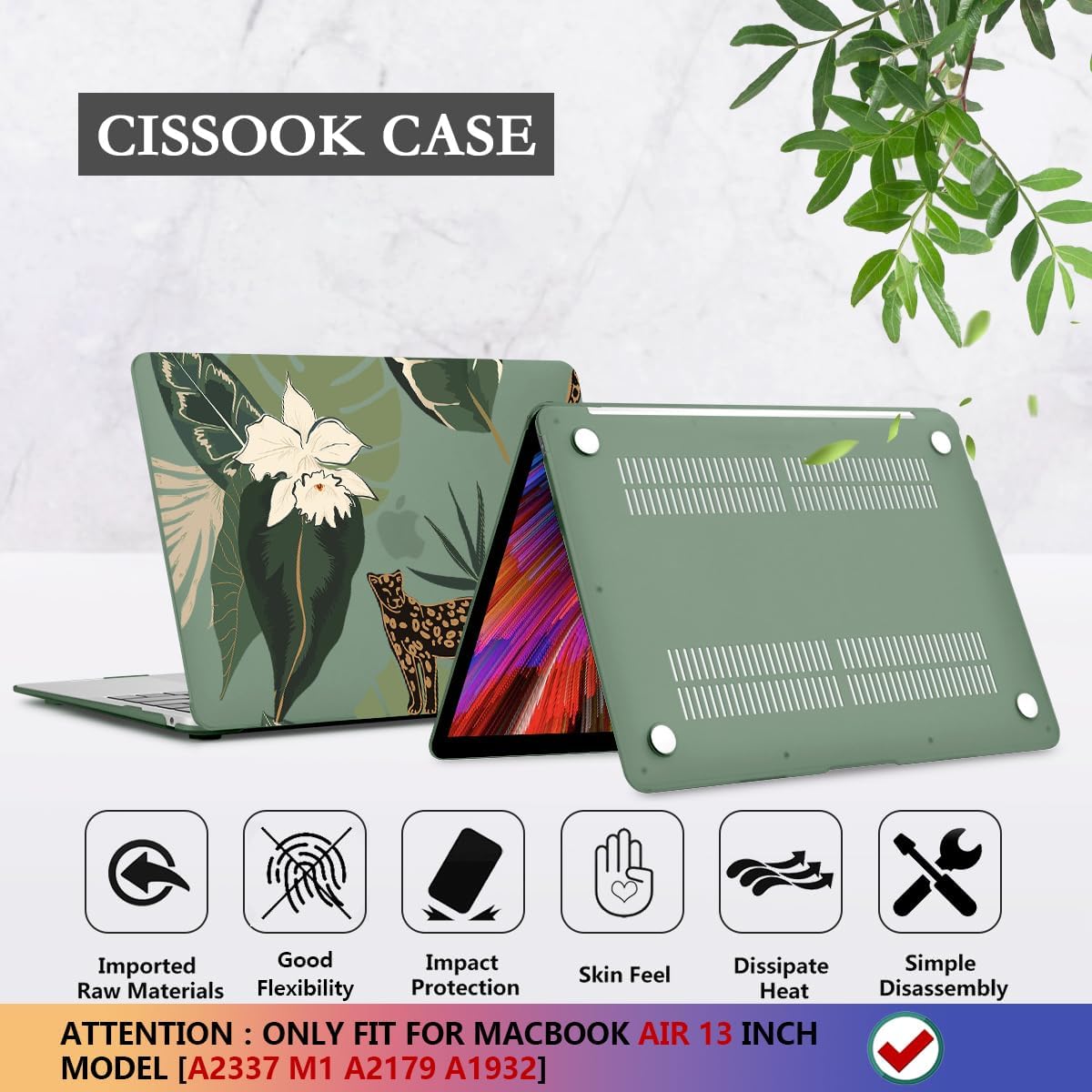 CISSOOK Compatible with MacBook Air 13 inch Case 2021 2020 2019 2018 Release Model M1 A2337 A2179 A1932, Midnight Green Hard Case Leopard Cover for MacBook Air 13 inch with Touch ID - Panther Leopard