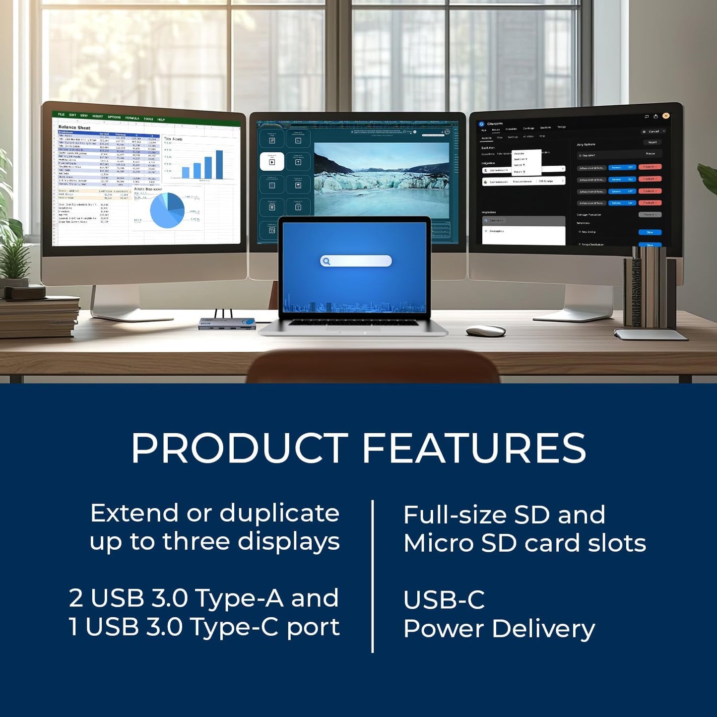 OREI SplitExtend Laptop Docking Station 3 Monitors - 2X USB 3.0, 1x Type-C, SD Card Reader - USB C Docking Station to HDMI 2.0 Extended Screen, 4K@30Hz Outputs - 100W PD