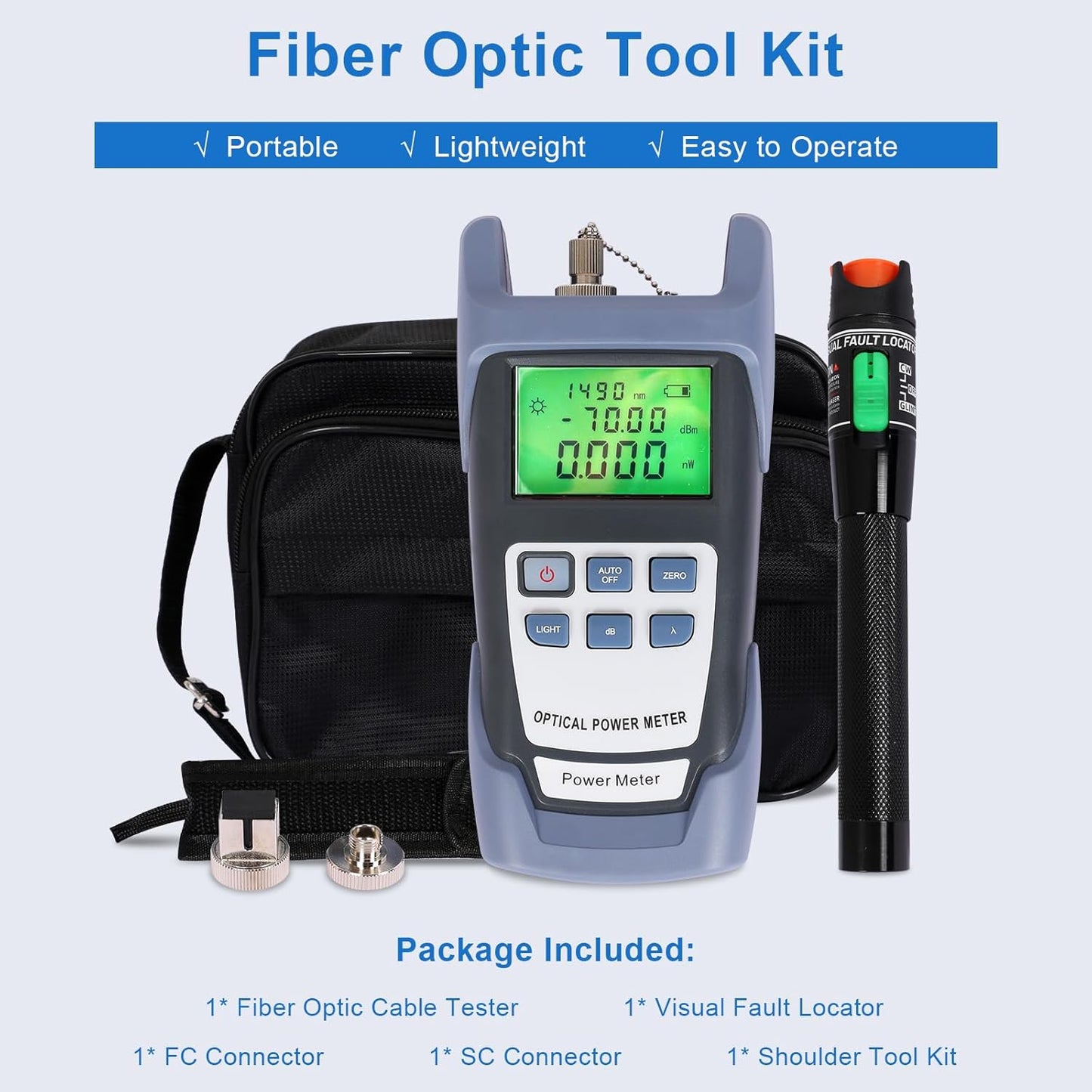 Fiber Optic Tools Cable Tester FC SC Power Meter & 2.5mm 30mV Visual Fault Locator with Sc, Fc Connector and Shoulder Toolkit