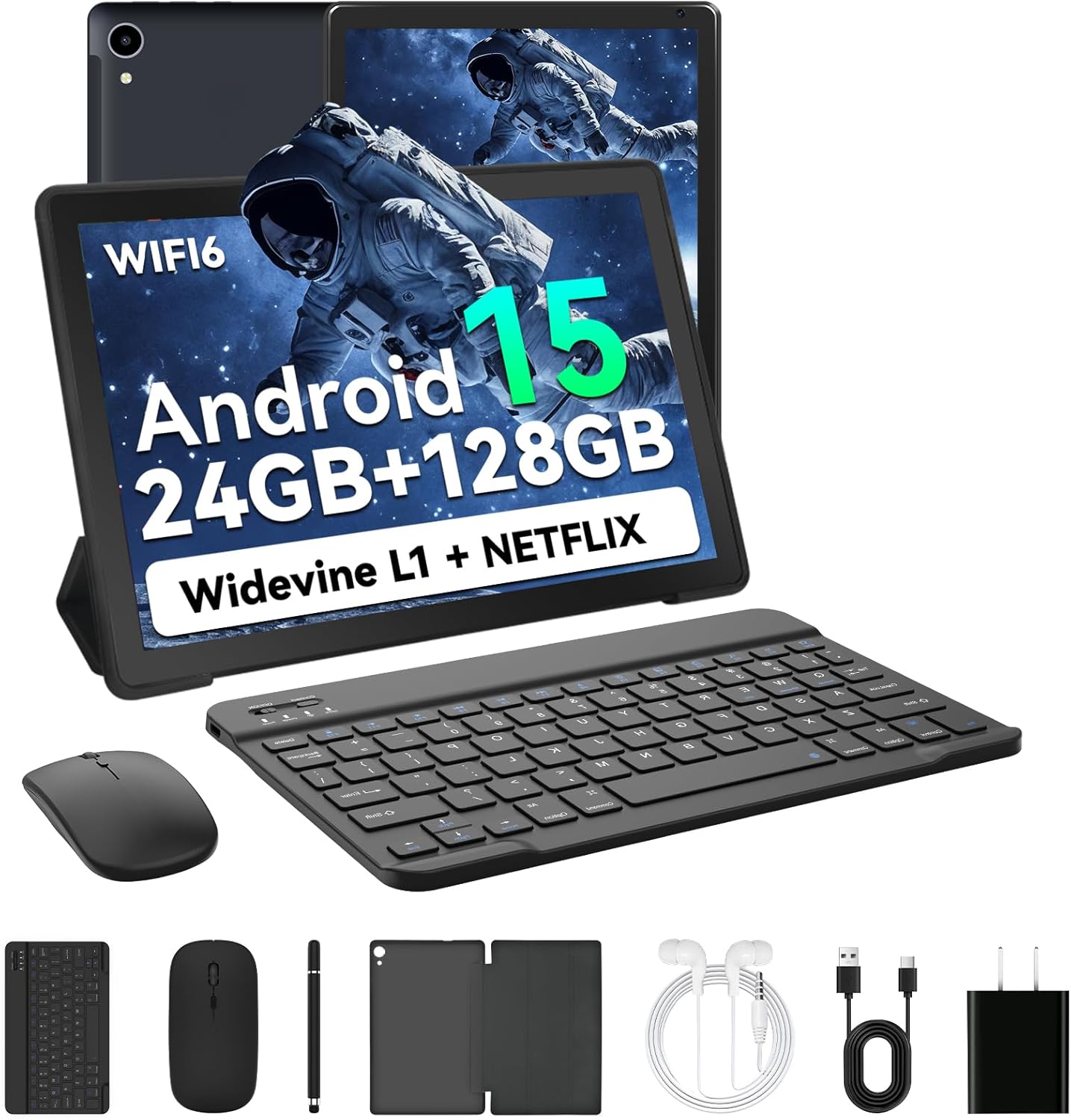 2025 Latest Upgraded Android 15 Tablet 10 Inch, 24GB+128GB+1TB Expand, WiFi 6 BT 5.4, Type-C Fast Charging, Dual Camera, Widevine L1 HD IPS Screen with Keyboard