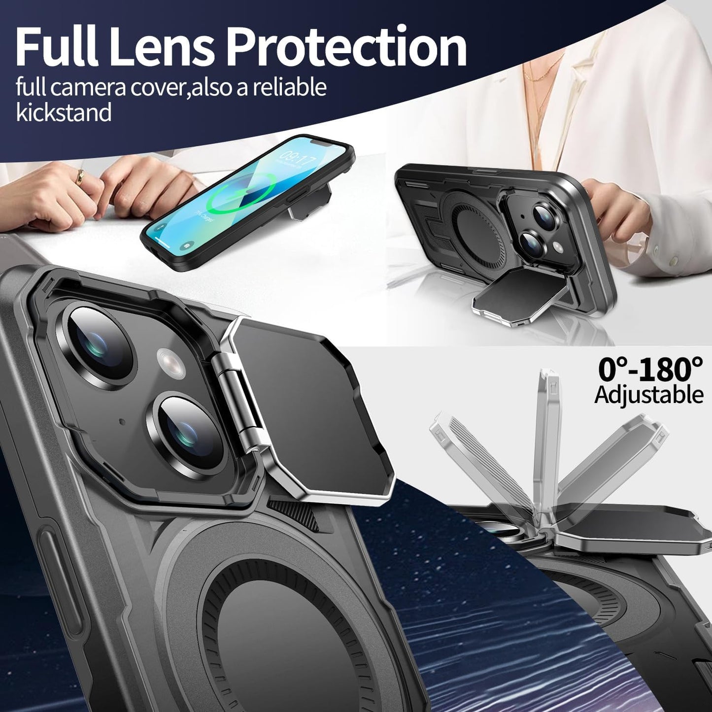 Camera Stand Case for iPhone 14 Plus, [Compatible with Mag Safe] [Lens Cover] 2024 Version Military Grade Protective Soft Case for iPhone 14 Plus 6.7 inch Men Women, Black