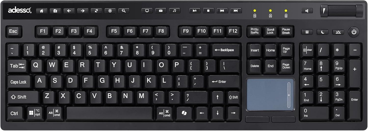 ADESSO Wireless Keyboard with Touchpad 104 Key Full Size USB Dongle Receiver Multi OS Support Works with MacOs System & Multimedia Hotkeys Volume Control with Scroll Wheel WKB-4450UB