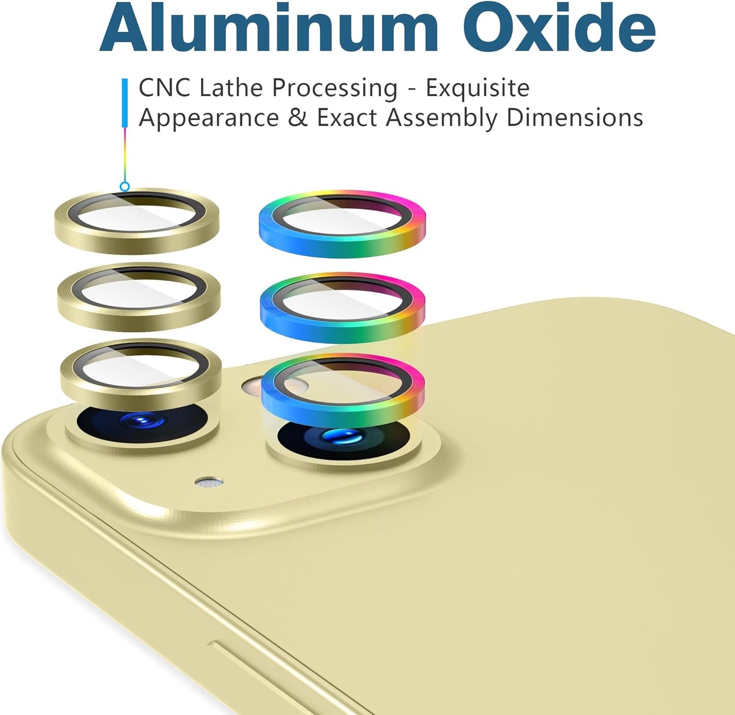 AGVEE 3+3 6 Pack for iPhone 15 6.1" / 15 Plus 6.7" Camera Lens Cover Protector, Metal Ring 9H Tempered HD Glass Camera Cover Protector Film, Yellow