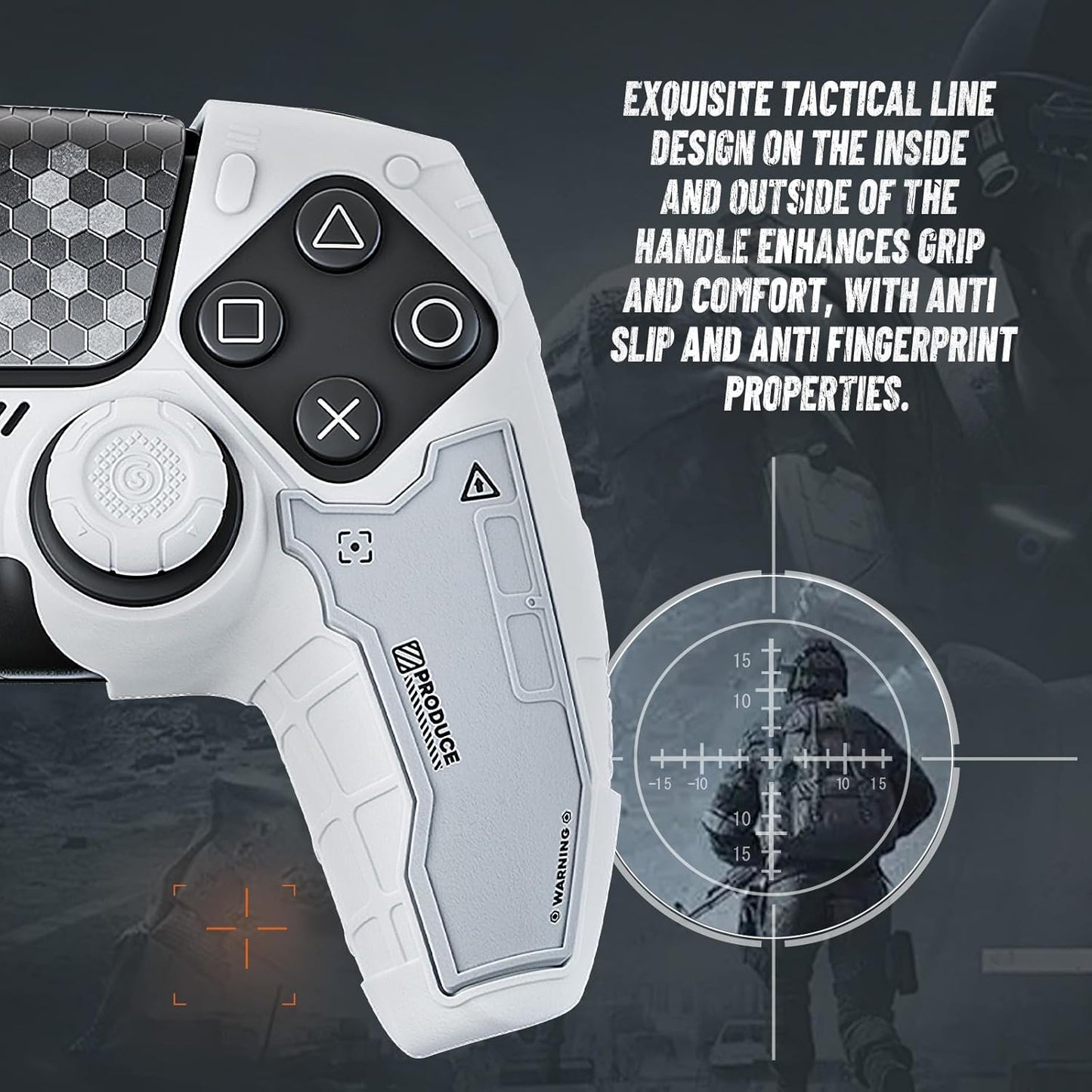 Geekshare G.S.TAC Tactical Compatible with PS5 Controller Skin Set, Tactical Silicone Cover for PS5 Wireless Controller with 2 Thumb Grips & 2 Stickers for Monster Hunter Wilds - White