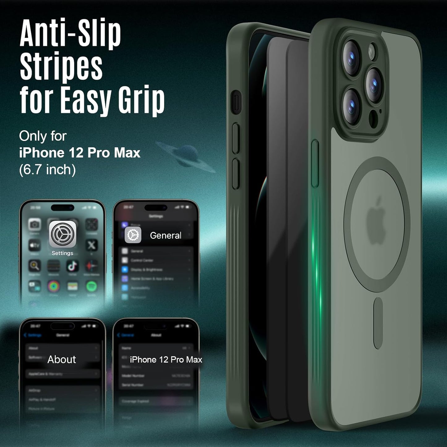 Designed for iPhone 12 Pro Max Case, Compatible with MagSafe, with Privacy Screen Protectors X2, [Camera Protection] [15FT Military Drop Protection] Shockproof Phone Case, 6.7", Alpine Green