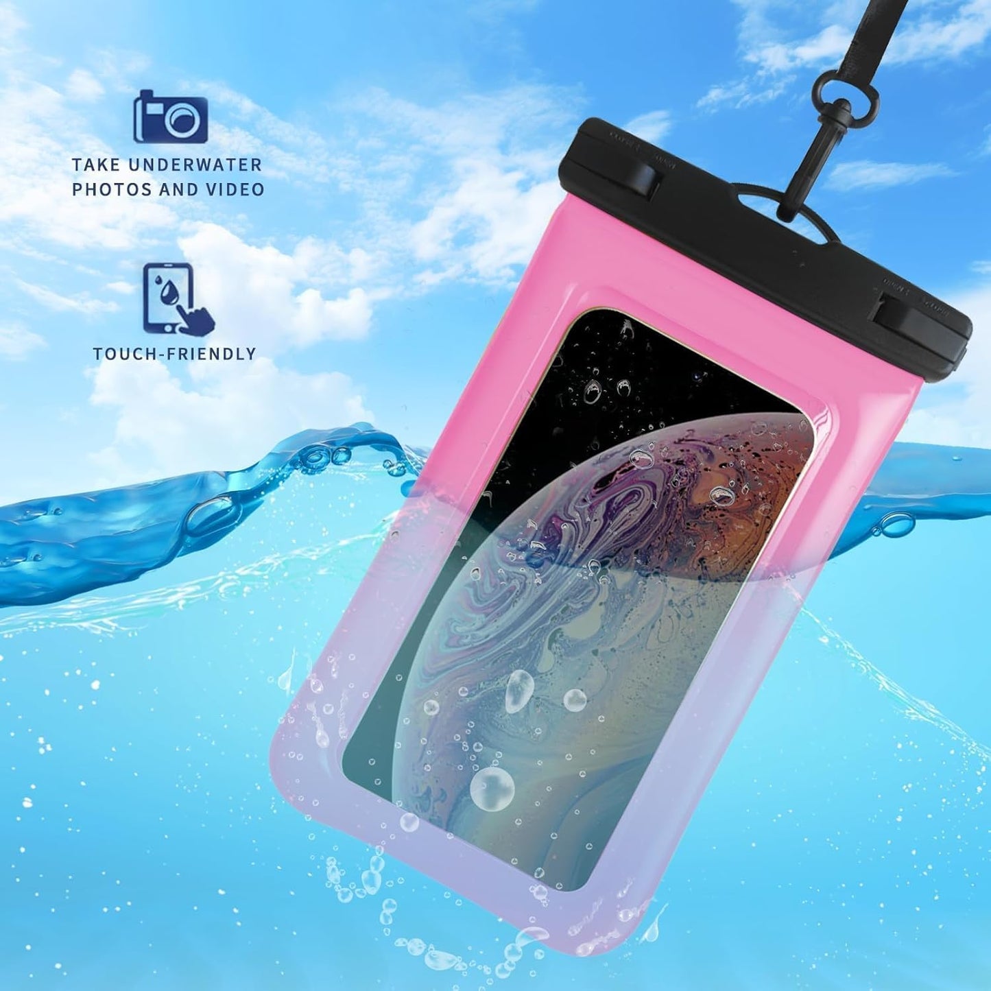 Floatable Waterproof Phone Pouch/Case with Crossbody Lanyard for iPhone 16 Pro Max/15 Pro/14/13/12, IP68 Cellphone Dry Bag Beach Cruise Ship Essentials, 1 Pack-Pink-7″