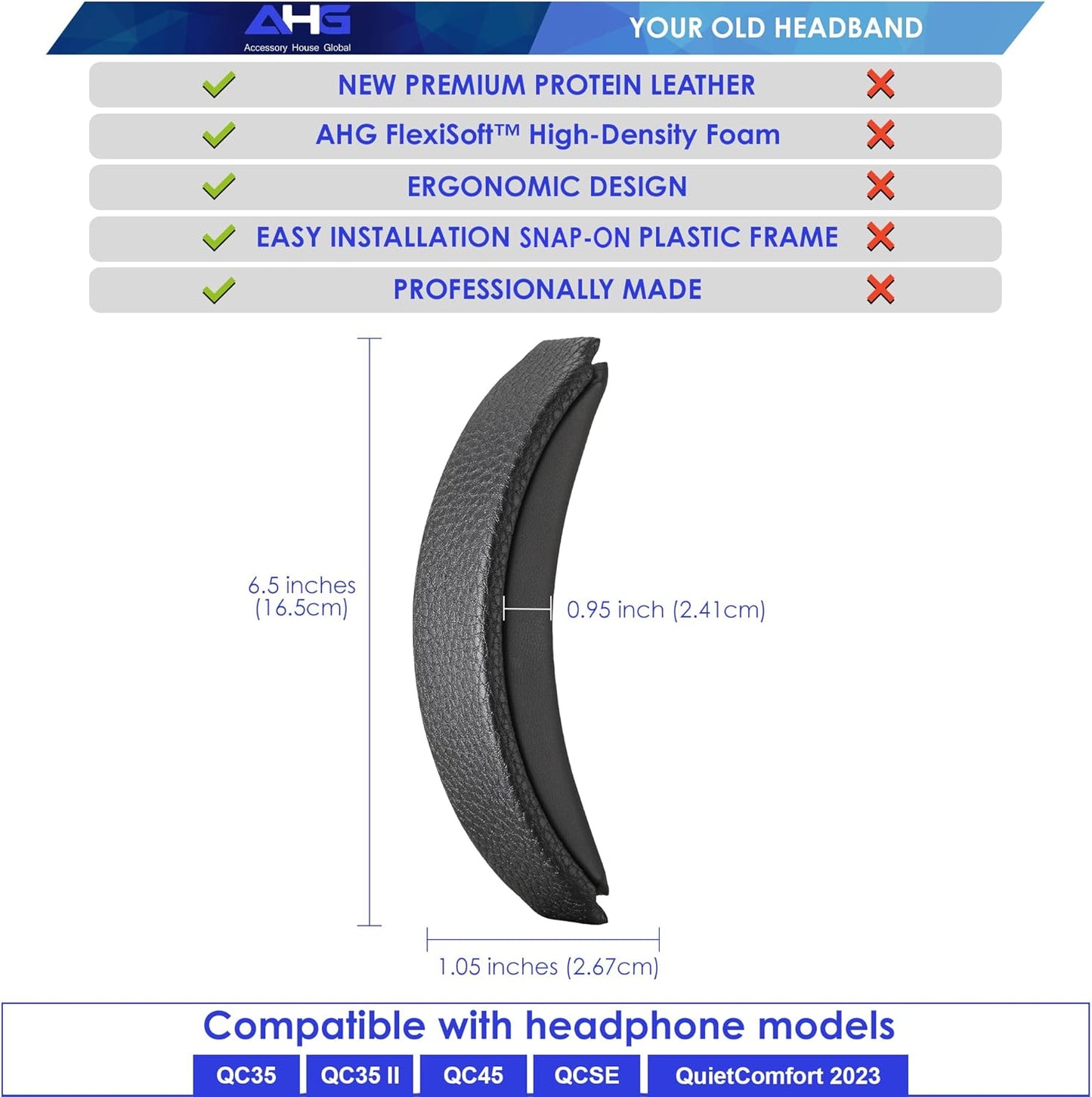 AHG QC35 ii Headband / QC35 Headband pad Cushion kit. Compatible w/Bose QuietComfort 35 ii / QC35 Headphones (Black). Premium Headband Design | Seamless DIY Assembly | Superior Comfort and Durability