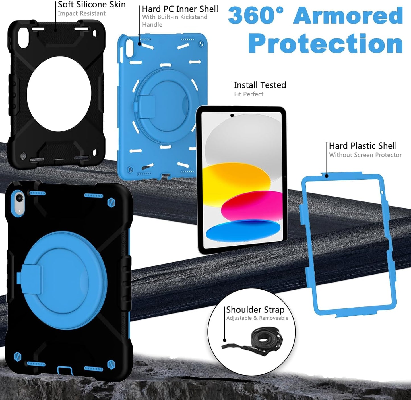 Case for iPad (A16) 11th Generation 11 inch 2025/10th Generation 10.9 inch 2022, Heavy Duty Shockproof Kids Protection Cover with Pencil Holder/360° Rotating Stand/Handle/Shoulder Strap, Black Blue