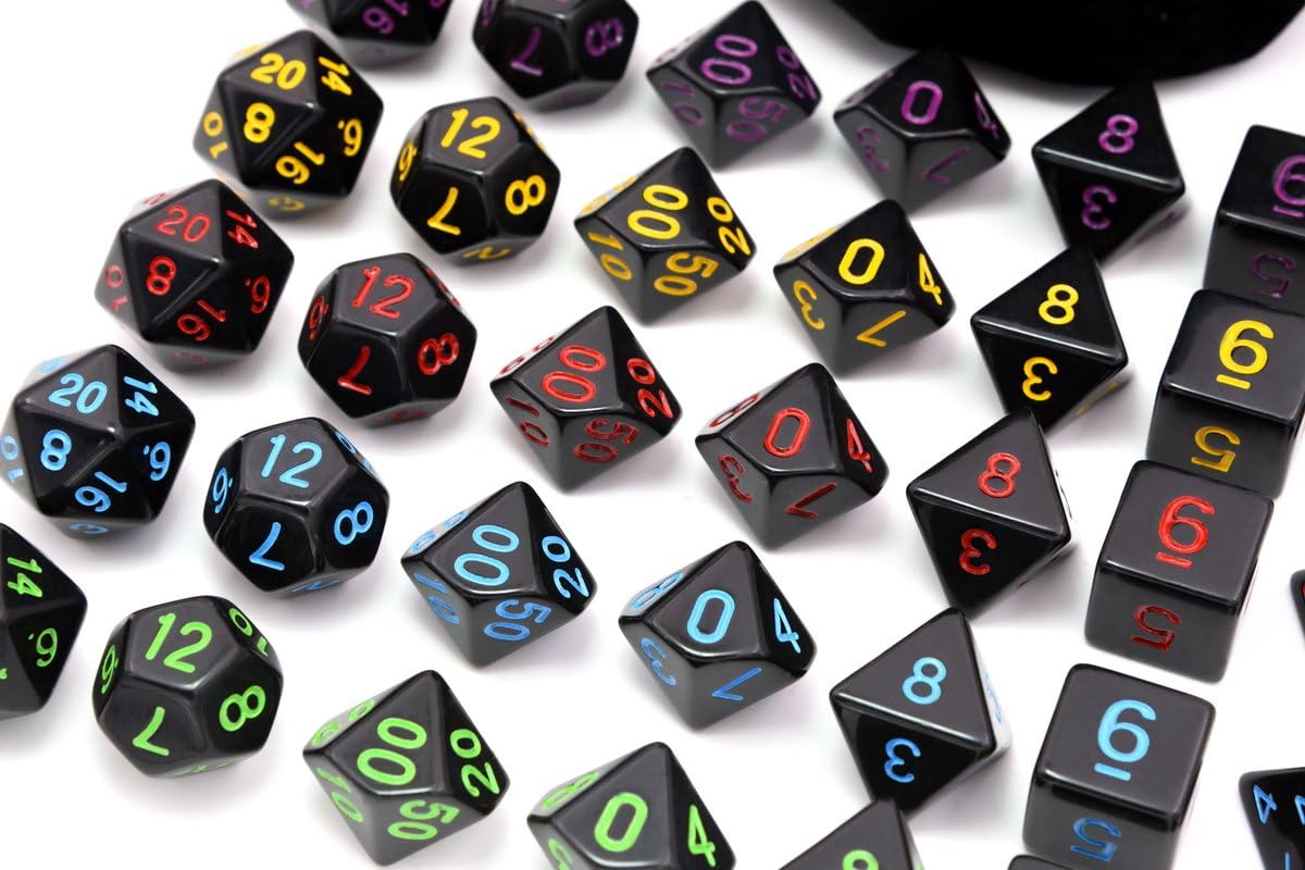 5 Sets New Black Polyhedral Dice with Satin-Lined Velvet Bag for Dungeons and Dragons DND RPG MTG D20 D12 D10 D8 D6 D4