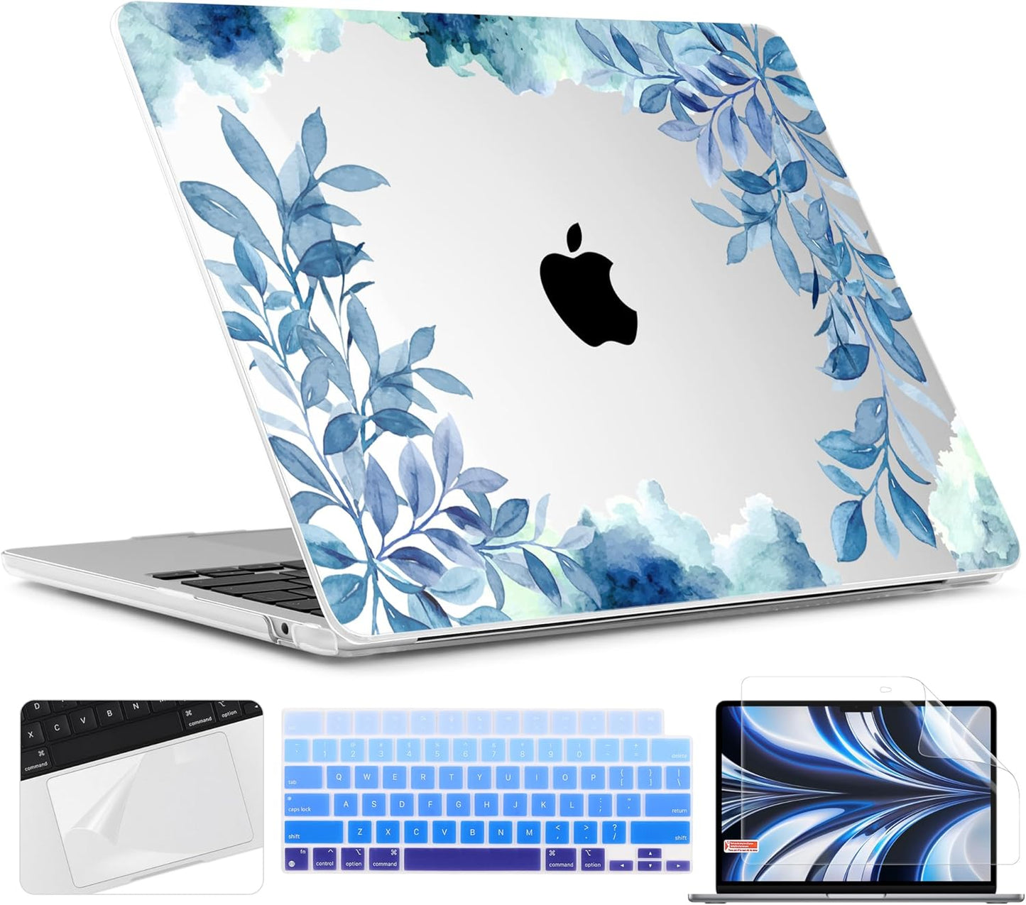 TWOLSKOO for M4 MacBook Air 13.6 inch Case 2025-2022 Release M4 A3240 M3 A3113 M2 A2681, Plastic Hard Shell & Screen Protector & Keyboard Cover & Trackpad Film, Blue Floral