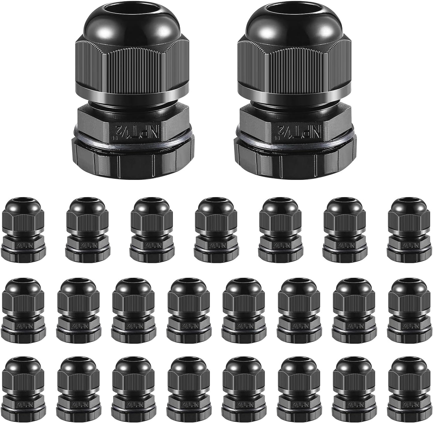 25 PCS 1/2"(6-12.5mm) NPT Nylon Cable Gland Joints with Gaskets, IP68 Adjustable Lock Nut Strain Relief Cord Grip Waterproof Cable Glands - UL Listed and RoHS Compliant