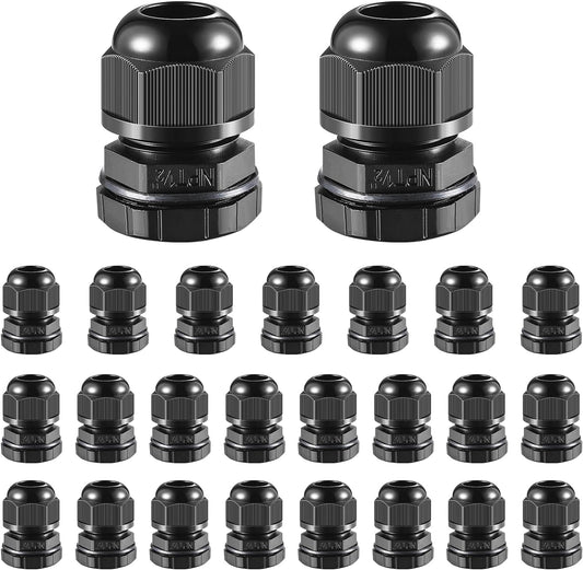 25 PCS 1/2"(6-12.5mm) NPT Nylon Cable Gland Joints with Gaskets, IP68 Adjustable Lock Nut Strain Relief Cord Grip Waterproof Cable Glands - UL Listed and RoHS Compliant