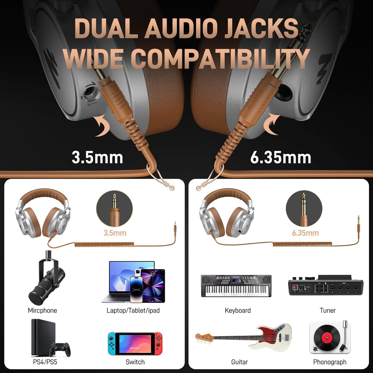 MAONO Professional Studio Monitor & Mixing DJ Headphones - Over Ear Closed Back Stereo Wired Headphones for Guitar AMP, Podcast, Recording, Streaming, PC, Music, Keyboard, MH700 Silver