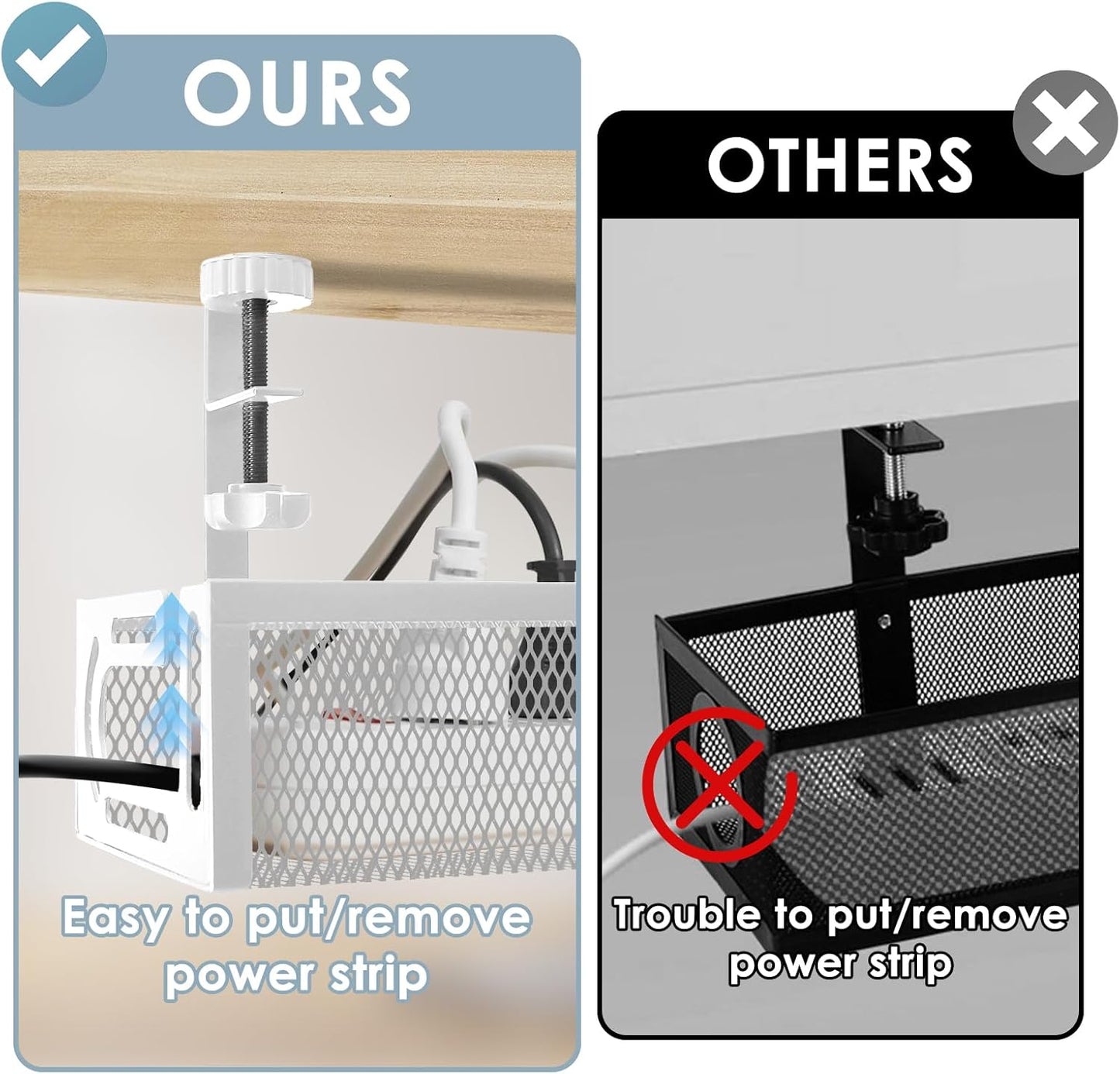 Cable Management, 2 Pack Cable Management Under Desk No Drill, Metal Cord Organizer with Clamp for Standing Desk, Cable Organizer for Home Office, White