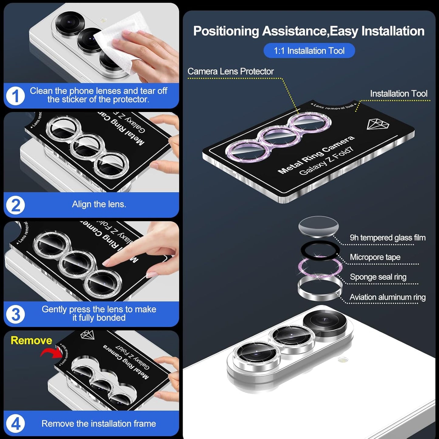 for Samsung Galaxy Z Fold 7 Camera Lens Protector, Individual Metal Ring Tempered Glass Lens Cover, [Strong Adsorption] Scratch Resistant Ultra-Thin HD Clear Lens Cover, 1 Set-Purple Sparkly