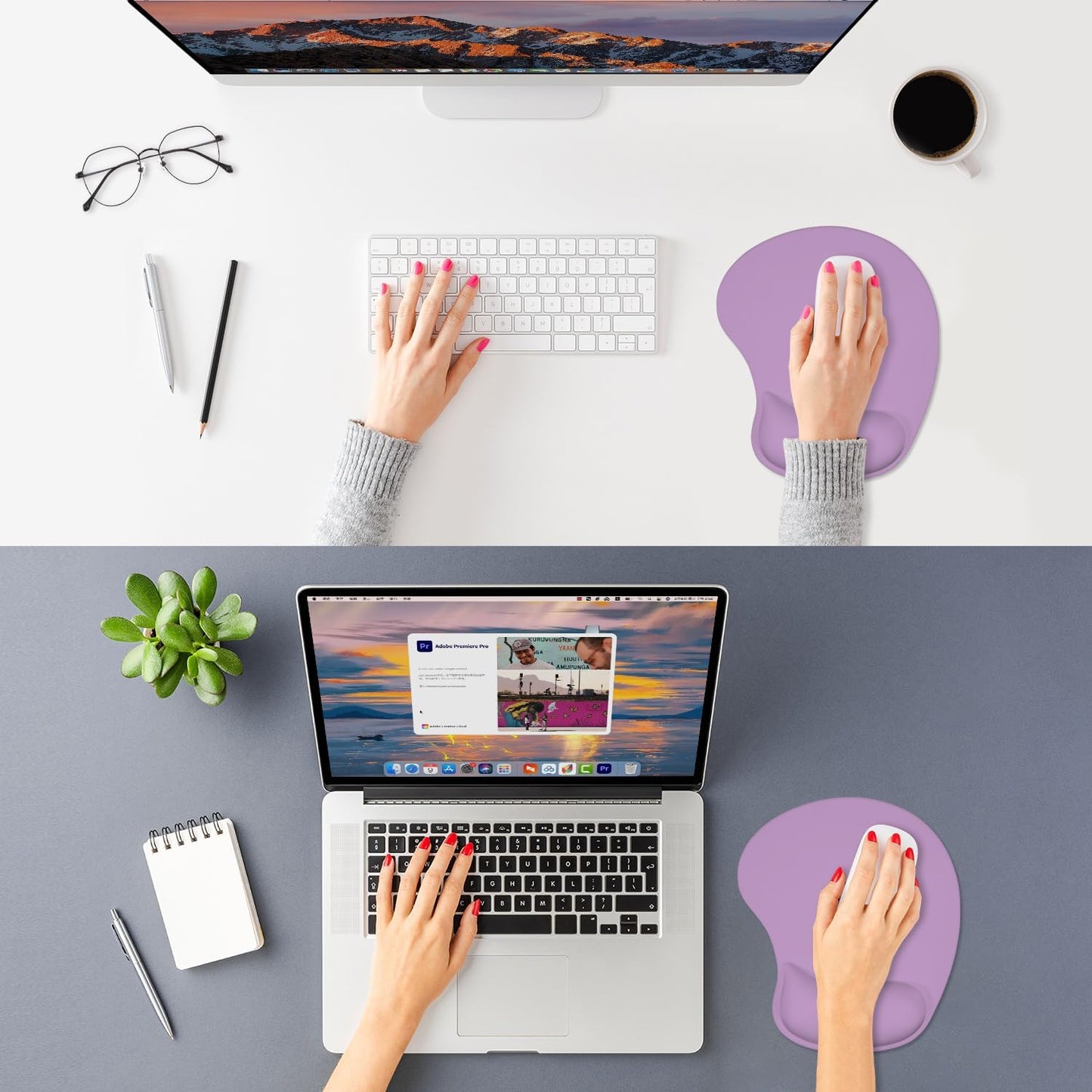 ITNRSIIET Ergonomic Mouse Pad, Cushioned Gel Wrist Rest, Non-Slip Base, Smooth Surface, Compatible with All Mice for Office & Gaming, Desk Accessory, 9.5 x 8.2 inch, Lavender Purple