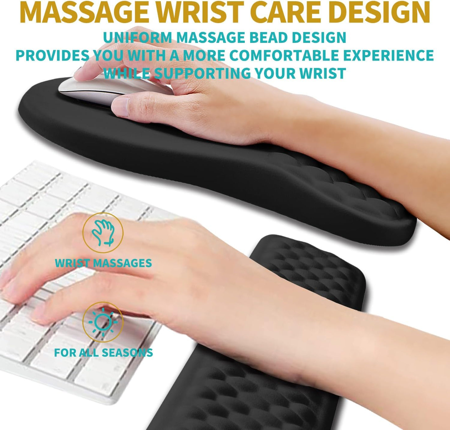 Hokafenle 2 in 1 Ergonomic Mouse Pad Wrist Support & Wrist Rest for Computer Keyboard Set, with Relieve Carpal Tunnel Pain Massage Bulge and Full Memory Gel Design (2In1 Set, Black)