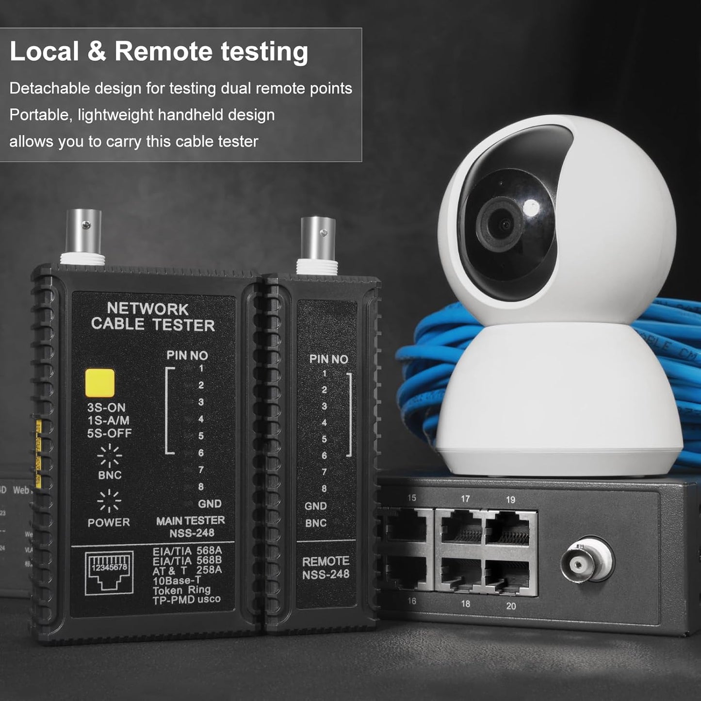 Dual-Function Coaxial & RJ45 Network Cable Tester with 2-Pack BNC Male to F Female Adapters, CAT5/CAT6/Coax Continuity Checker (Battery Not Included)