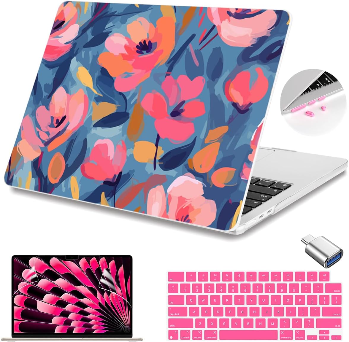 Teryeefi Compatible with M3 M4 M2 MacBook Air 15 inch Case 2025 2024 2023 Release A3241 A3114 A2941, Hard Shell Cover & Keyboard Cover & Screen Protector & OTG Adapter - W-Abstract Pink Flower
