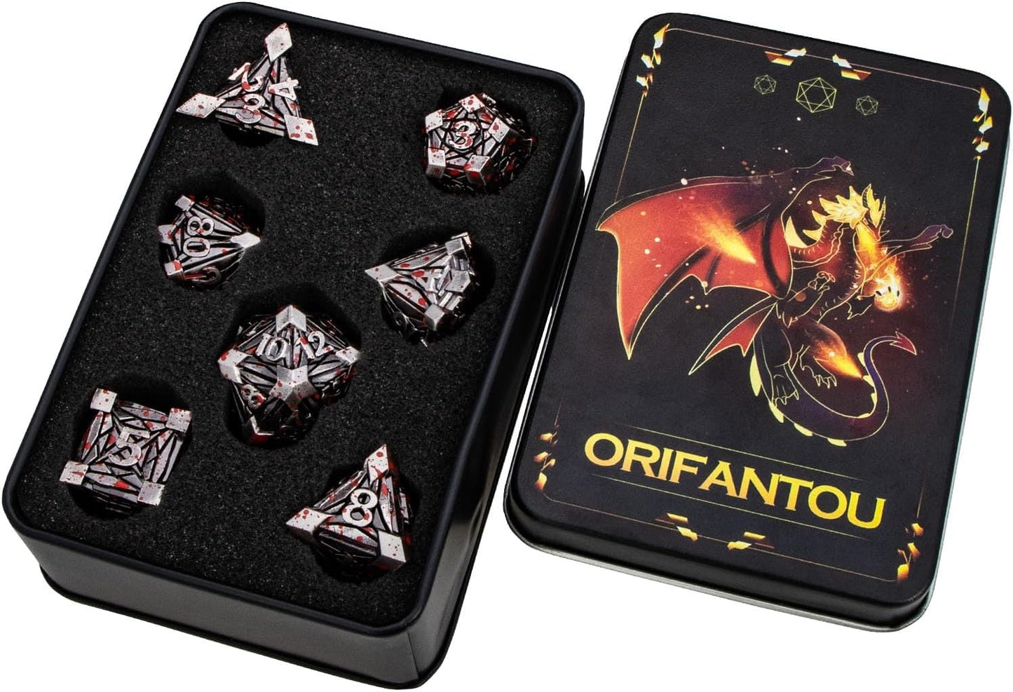 7PCS Metal DND Dice Set with Box, Debris RPG Blood Spatter D and D Dice for use with D&D Tabletop Games Role Playing Game Polyhedral Dice Set D20 D12 D10 D8 D6 D4
