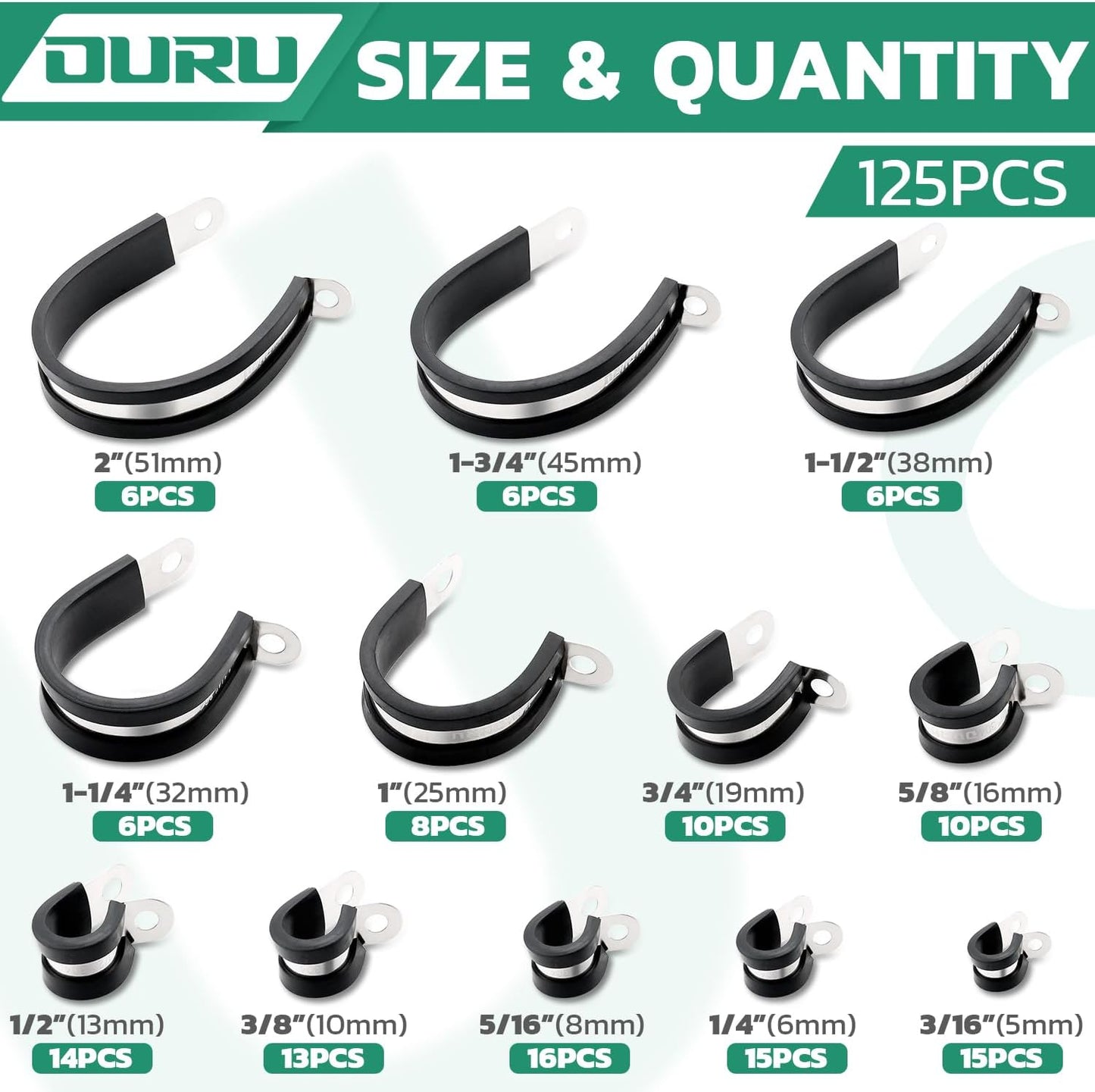 125PCS Cable Clamp,12 Sizes Stainless Steel Rubber Coated Cushioned Insulated Cable Clamps Assortment Kit-Metal Wire Clamps,Cable Clips,Pipe Clamps