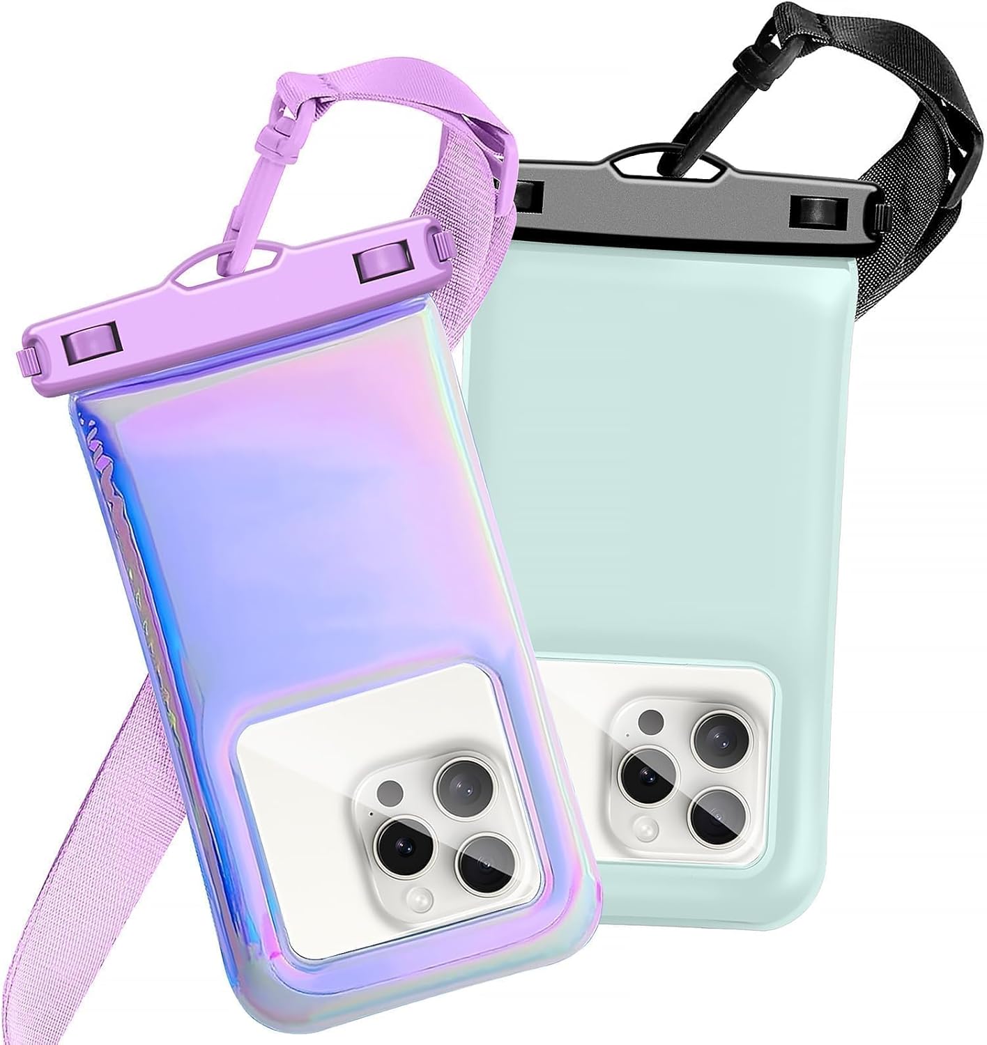 Floatable Waterproof Phone Pouch Case for iPhone 16 Pro Max/15/14/13/1, IP68 Travel Cellphone Dry Bag Beach Cruise Ship Essentials Bags with Crossbody Lanyard, Iridescent Purple and Blue B-7″