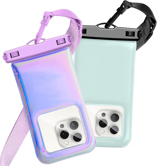 Floatable Waterproof Phone Pouch Case for iPhone 16 Pro Max/15/14/13/1, IP68 Travel Cellphone Dry Bag Beach Cruise Ship Essentials Bags with Crossbody Lanyard, Iridescent Purple and Blue B-7″