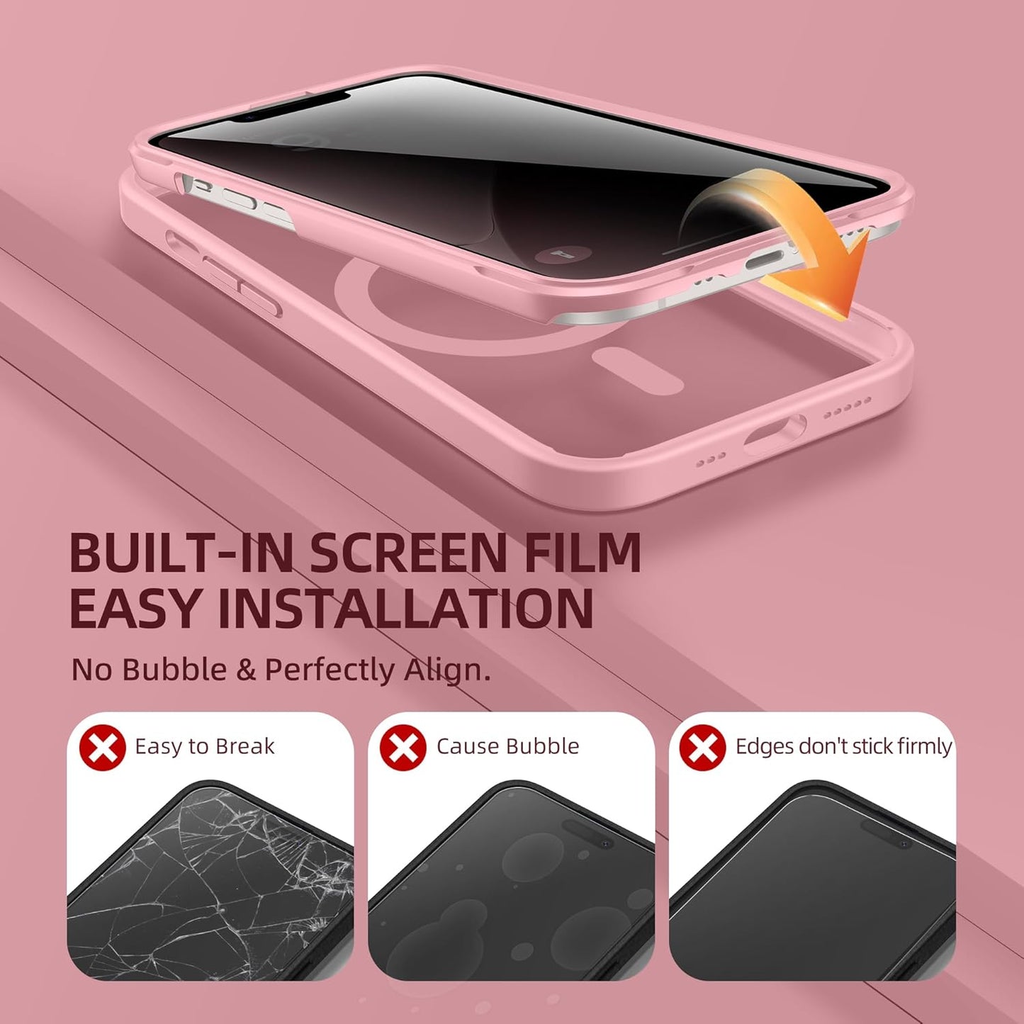 BERFY Magnetic for iPhone 14 Case, Compatible with MagSafe, Built-in Privacy Screen Protector and Upgraded Camera Protection, Anti-Spy Full Body Shockproof Phone Case for 14 6.1", Pink