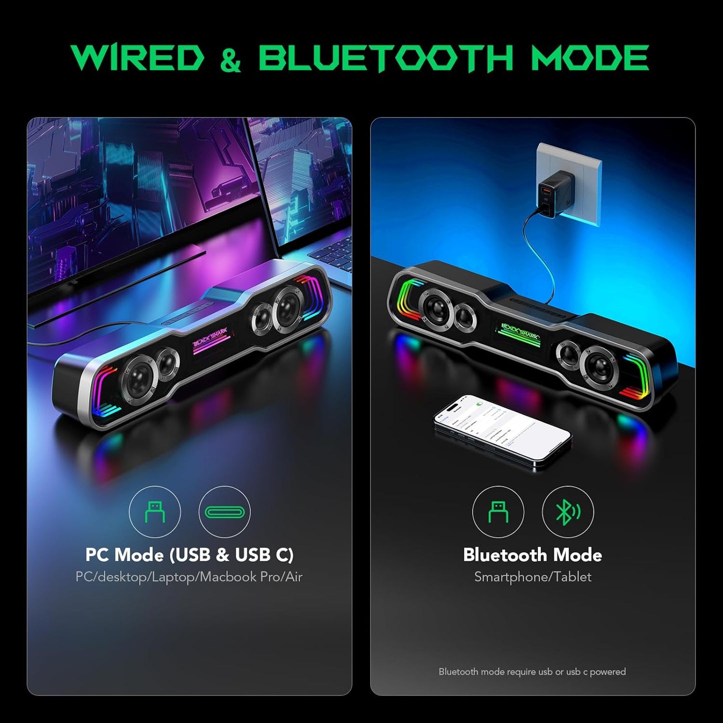 Black Shark BS-SP1 Bluetooth Computer Speakers for Desktop, 5 Colorful Lights Gaming PC Speaker with Stereo Sound, USB C/USB Powered Sound-bar for Computer Desktop PC Monitor Laptop