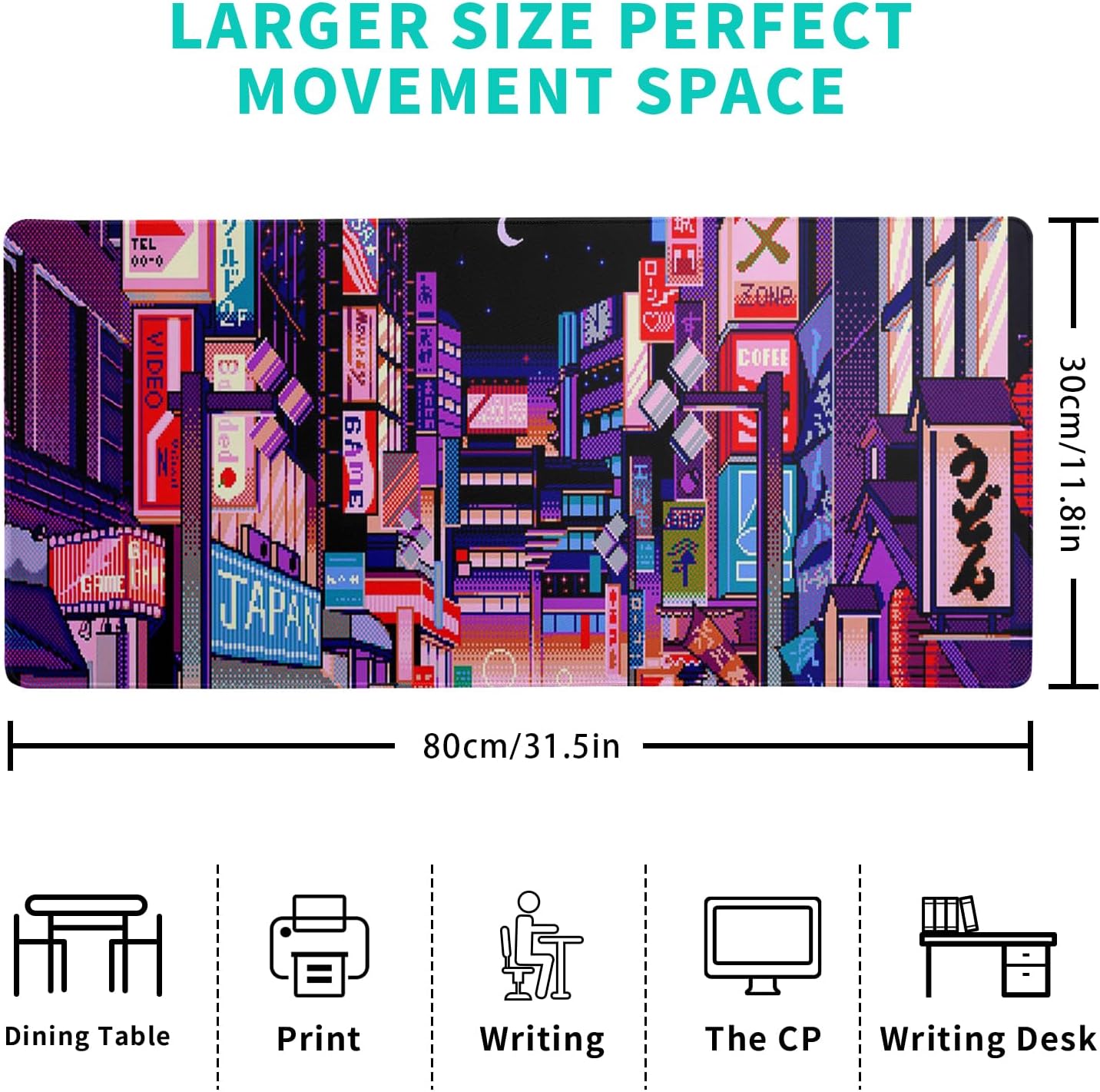 Dark Purple Japanese Gaming Mouse Pad Abstract Anime Mat 31.5x11.8 Inch Tokyo Pixel Street Texture Non-Slip Rubber Base Kawaii Mousepad Stitched Edges Keyboard Desk Pad for Office and Home Game