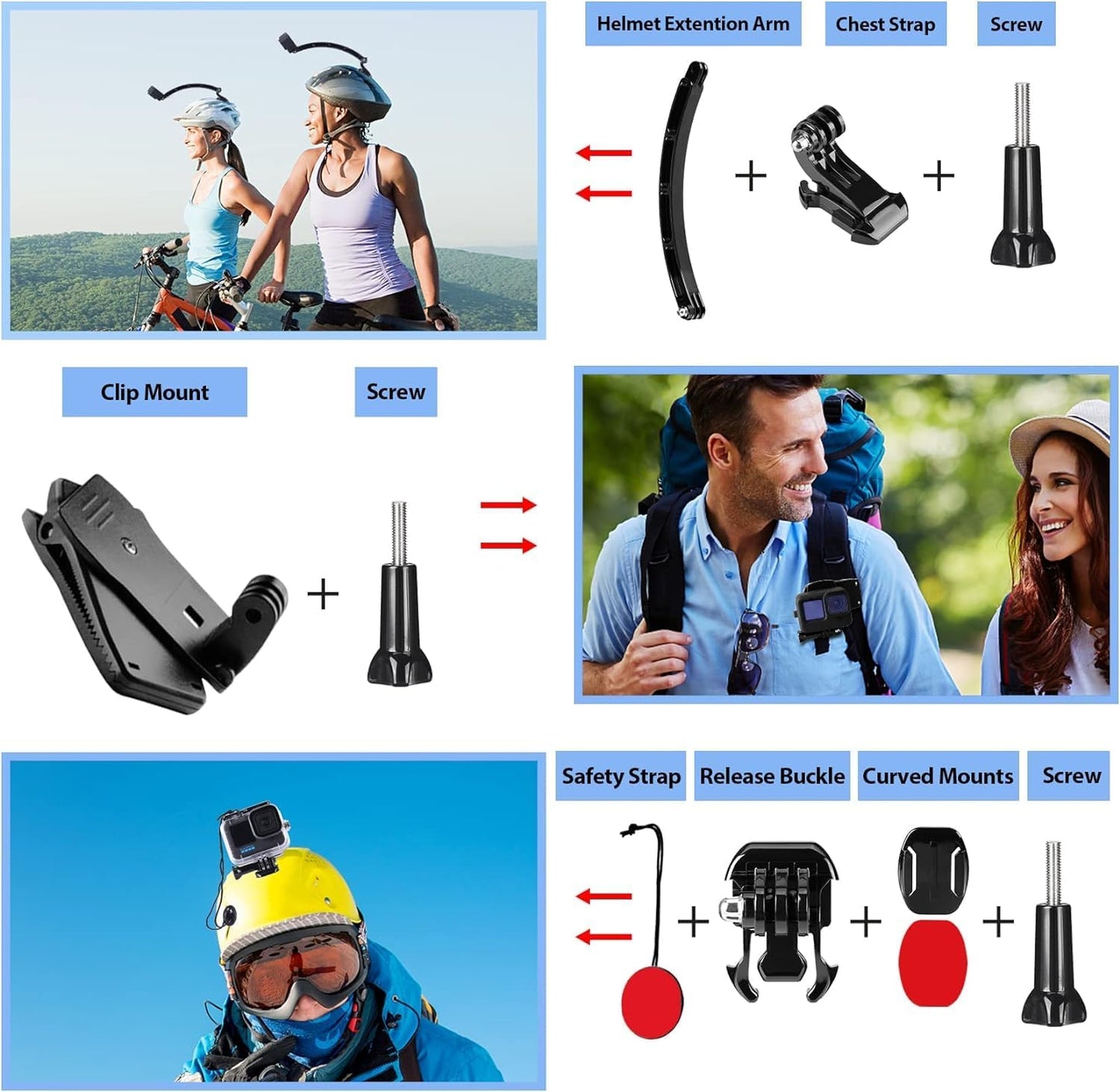 HONGDAK Action Camera Accessories Kit for GoPro Hero 13 12 11 10 9 Black, Waterproof Housing+Silicone Case+ Adjustable Arm+Head Chest Wrist Strap+Bike Mount+Suction Cup+Floating Grip Bundle Set 63in1