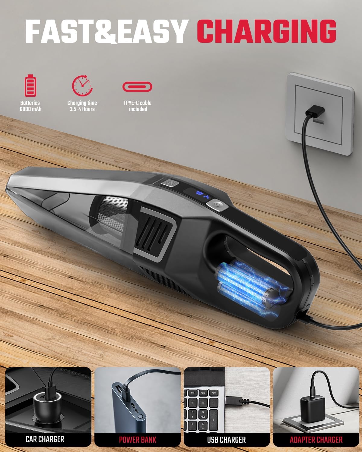 Handheld Vacuum Cordless, 9000PA Strong Suction, 2 Suction Modes, Fast Type-C Charging, Lightweight, Portable Car Vacuum Cleaner for Home Pet Office