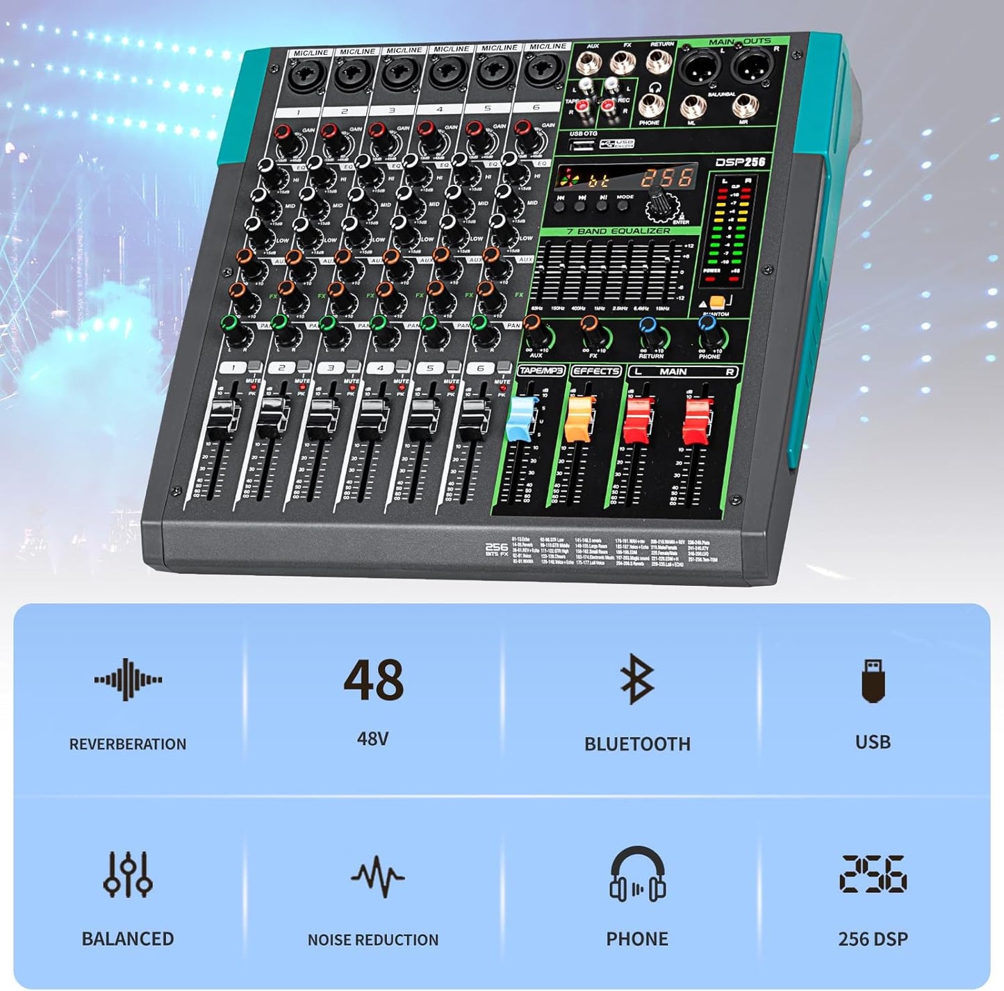 Depusheng PA6 professional DJ audio mixer 6 channel input built-in 256 kinds of DPS effects support 48V phantom power USB Bluetooth MP3 computer recording