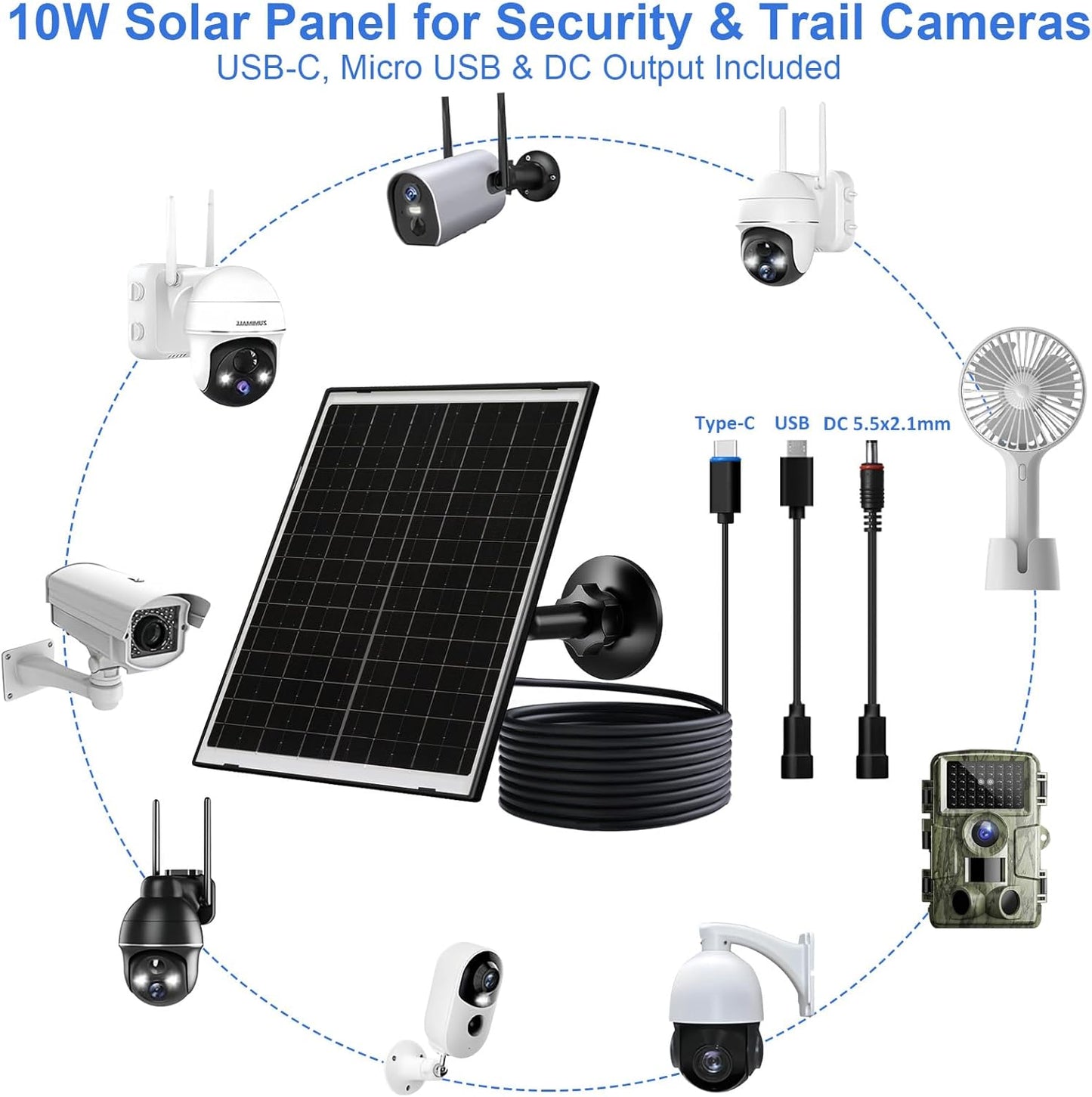 FUTUREZEN 10W Solar Panel for Security Camera, Trail Camera, Type-C Device, Solar Charger with USB-C, Micro USB & DC 5.5x2.1mm Port, IP66 Waterproof, Adjustable Mount, 7.2FT Cable