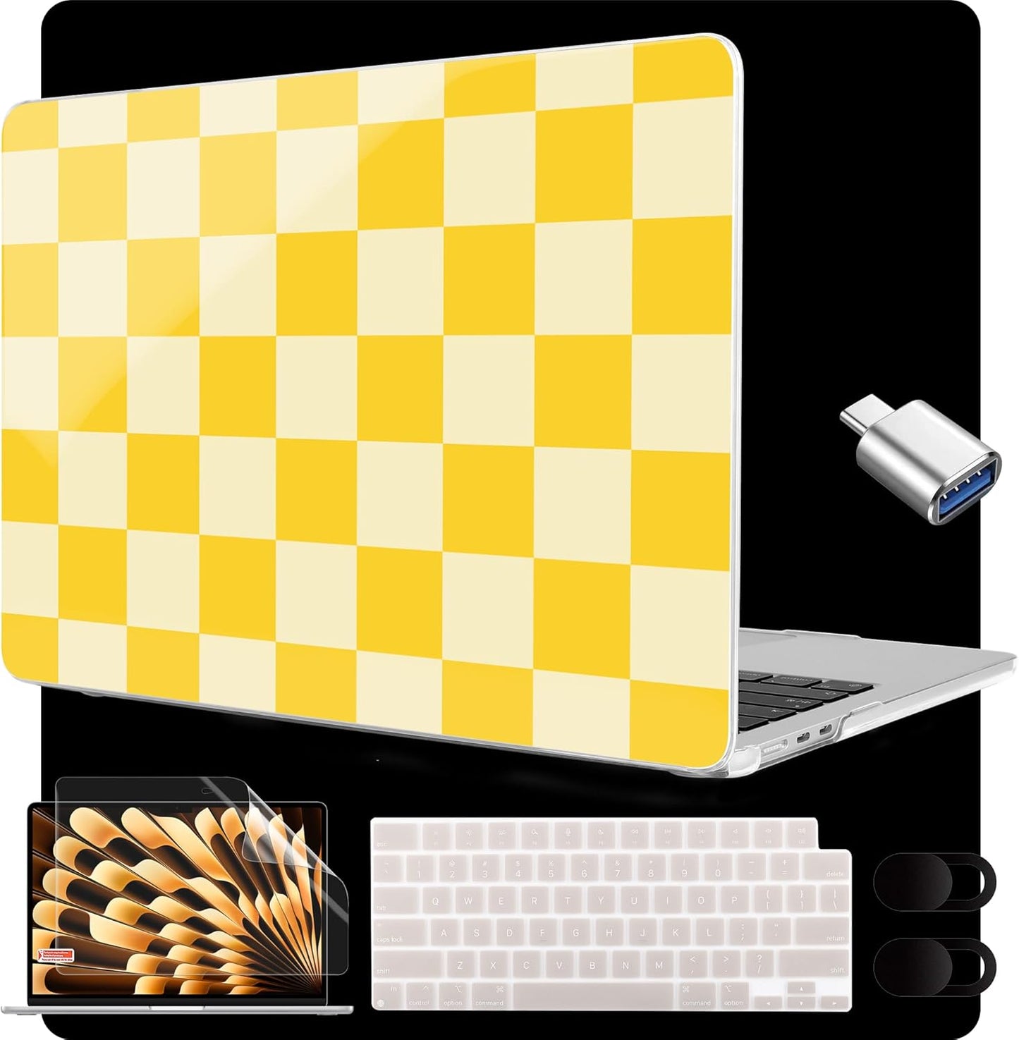 MEEgoodo for M4/M3/M2 MacBook Air 15.3 inch Case 2025 2024 2023, Case Fit Model (A3241/A3114/A2941) for MacBook Air 15 inch, Laptop Hard Shell with Keyboard Cover, Yellow Squares